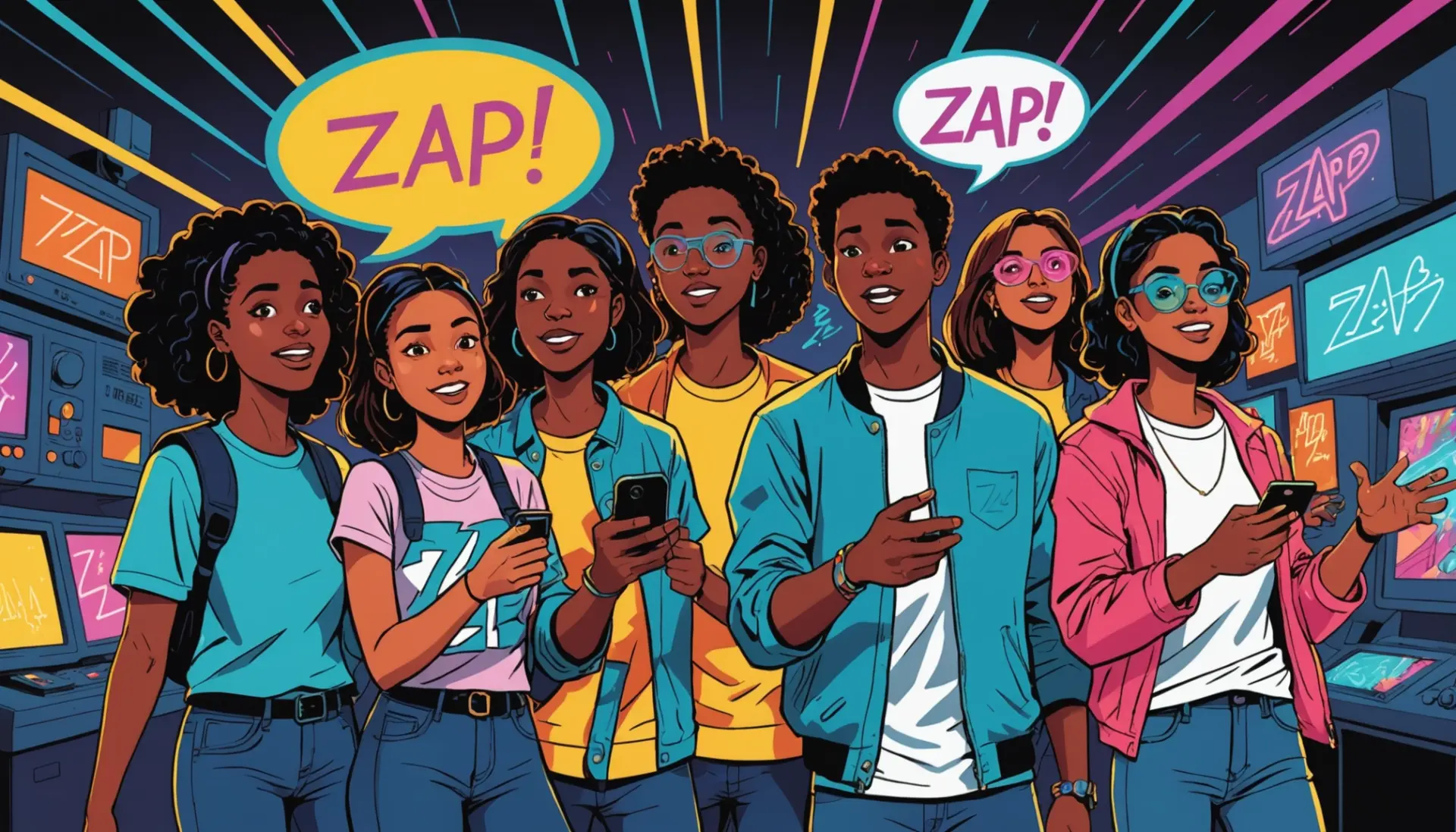 Editorial illustration showing people reacting to the phrase zap urban dictionary