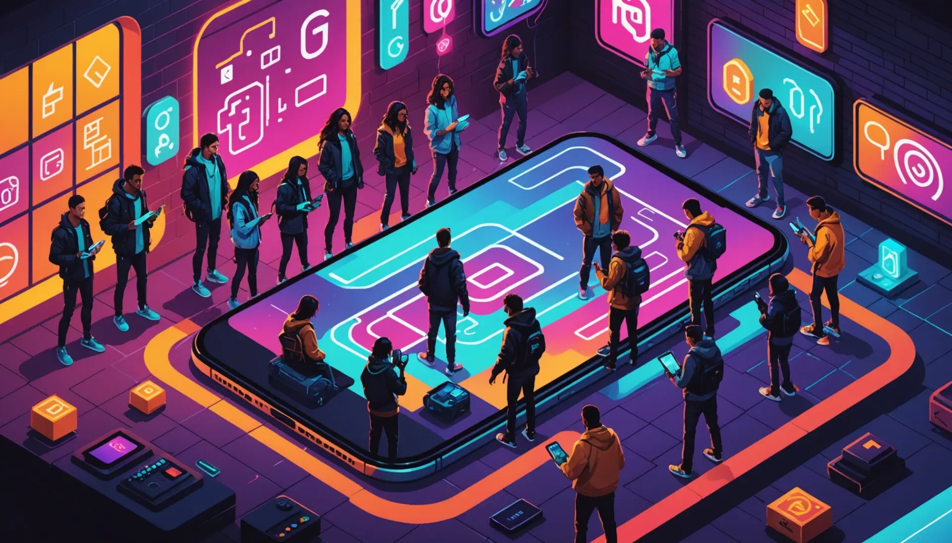 Editorial illustration showing people decoding 'GS' with phone screens, search results and cultural icons, featuring the term gs urban dictionary