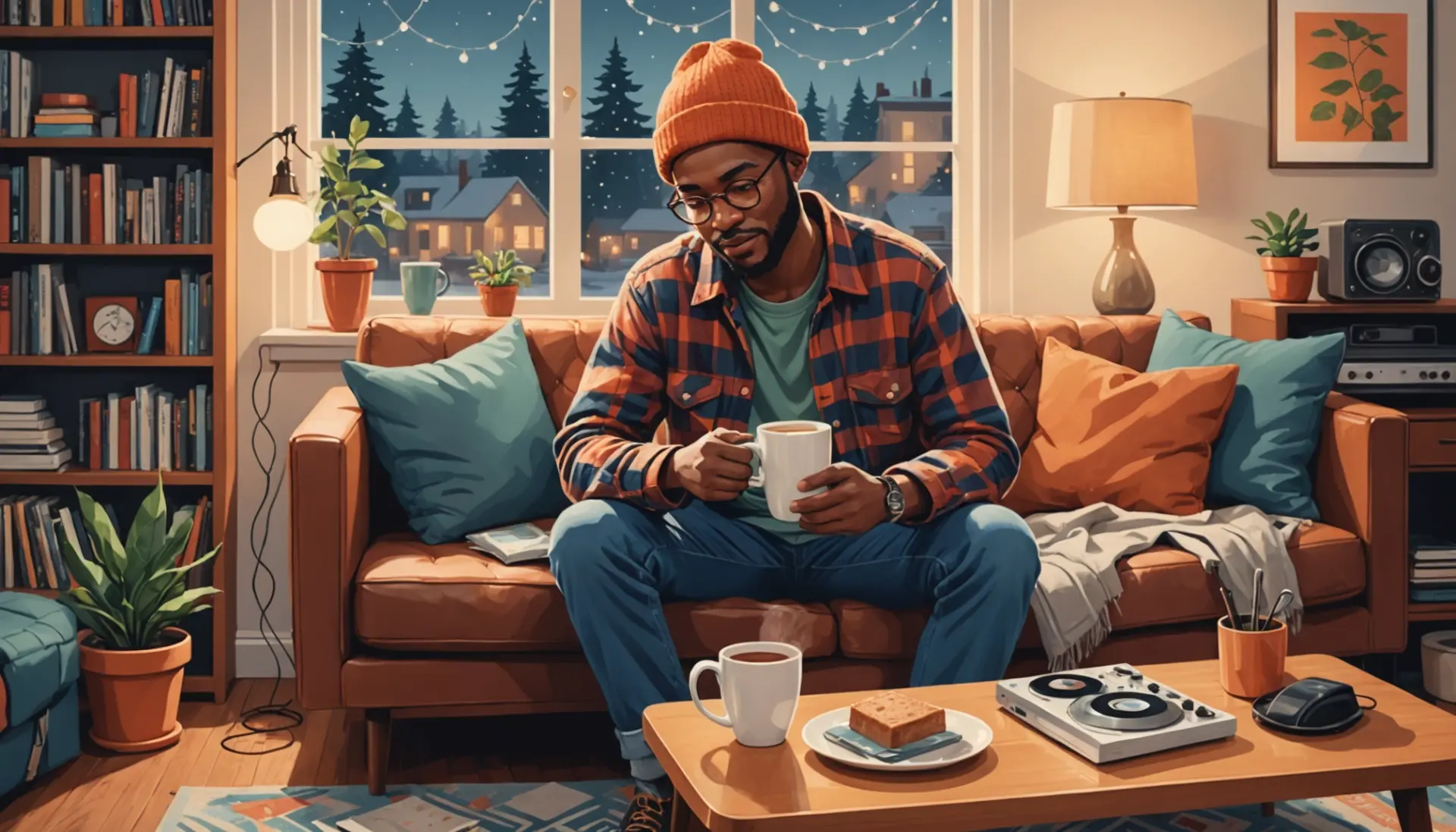 Editorial illustration showing the phrase urban dictionary warm milk vibe with cozy elements