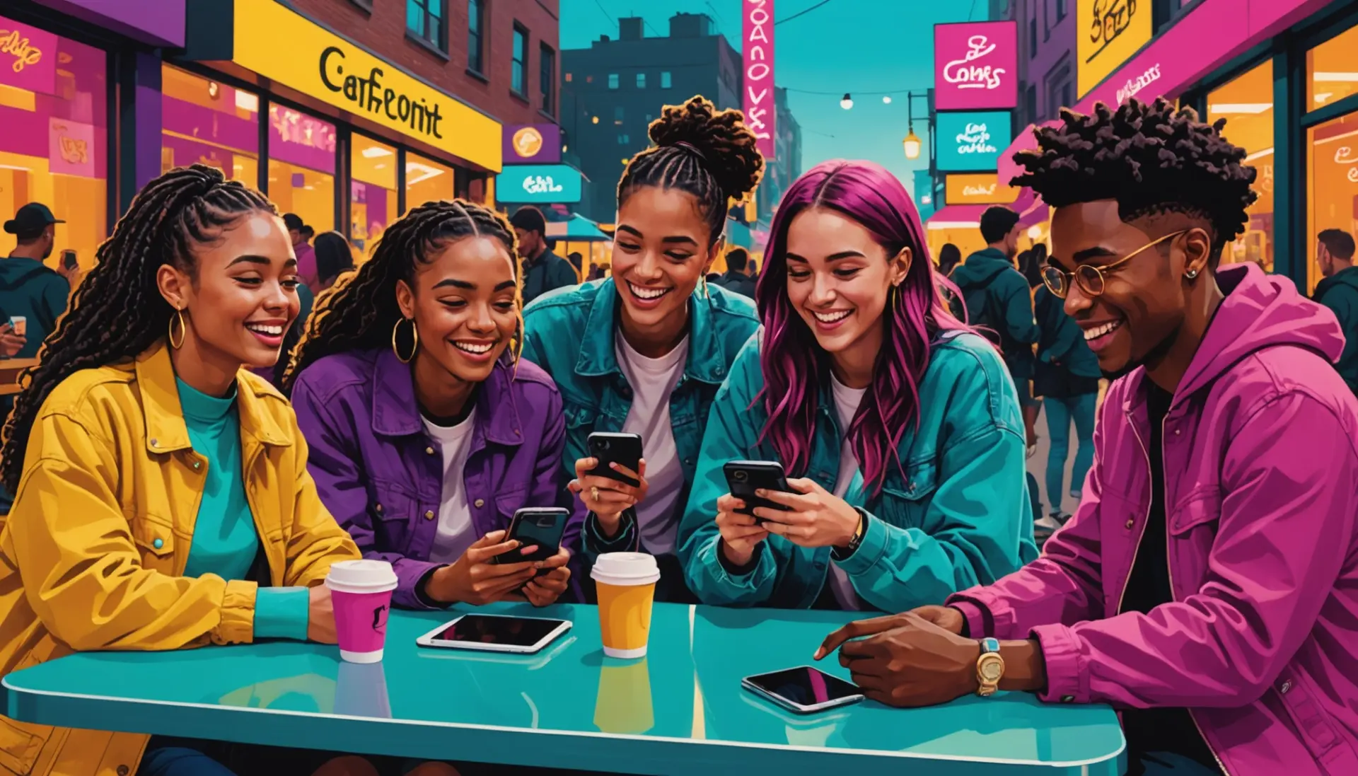 Editorial illustration of young friends using their phones with the phrase gabos meaning slang implied in the scene
