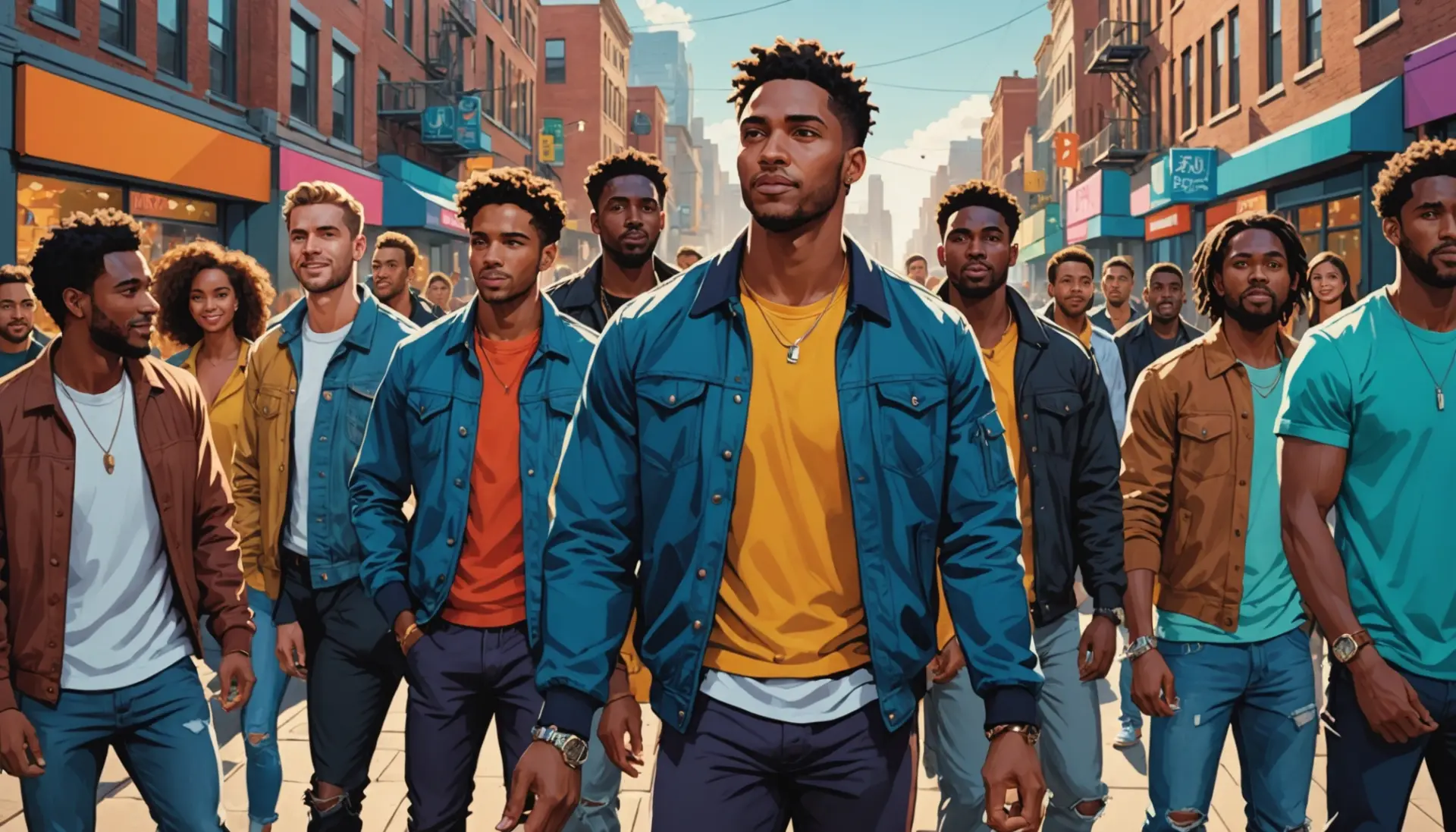 Editorial illustration showing a lively scene titled 'hunk urban dictionary' vibe: a confident attractive man with friends admiring him