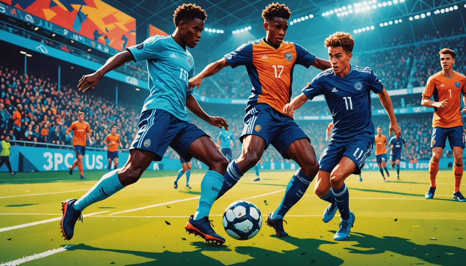 Editorial illustration showing a soccer player performing a nutmeg, nutmeg slang action captured mid-move