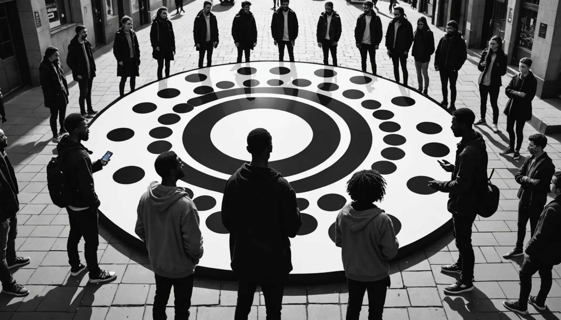 Editorial illustration showing people flipping black and white discs, representing what does othello mean
