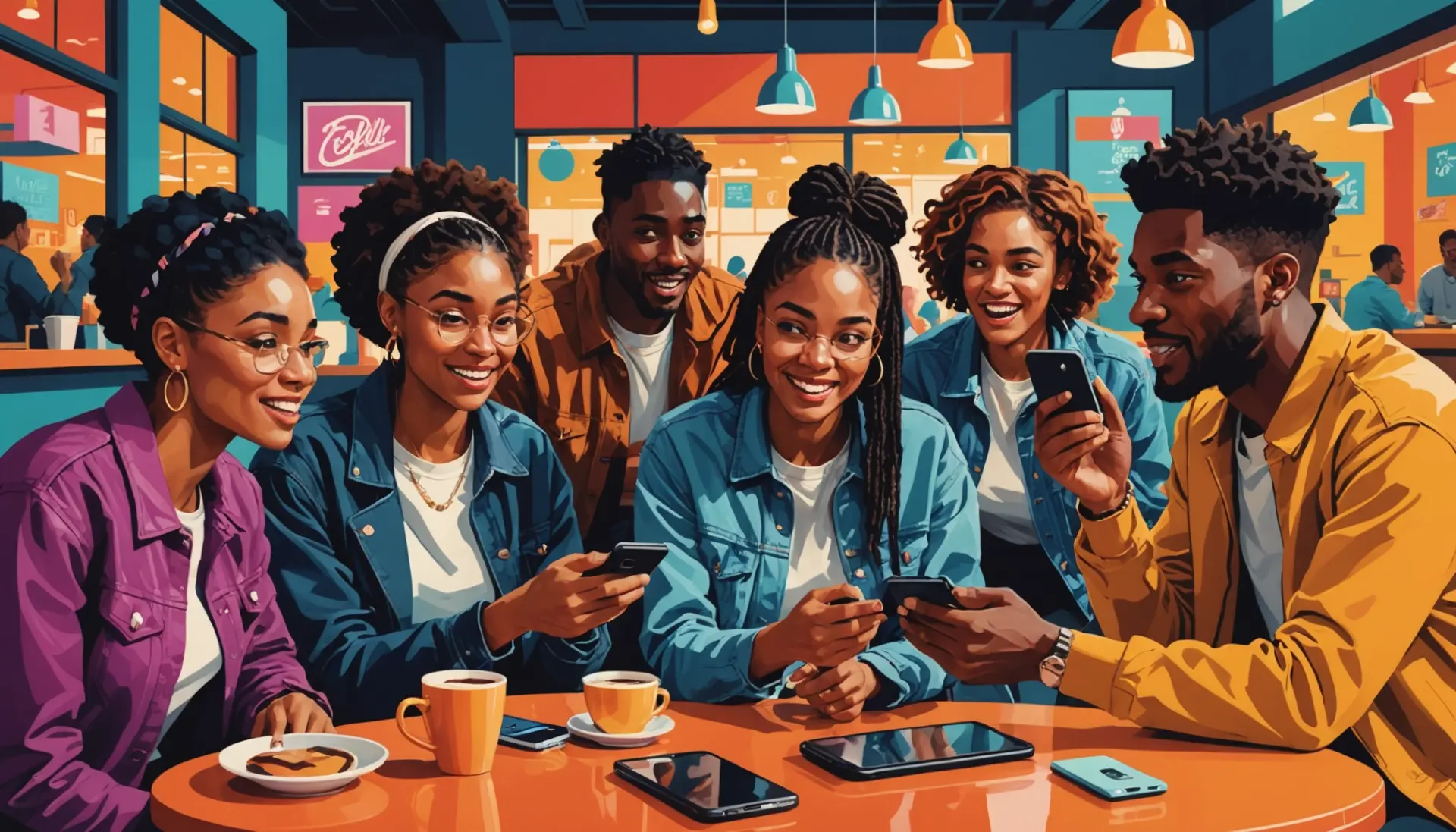 Editorial illustration showing people reacting and texting 'aye', focused on the phrase 'aye urban dictionary'