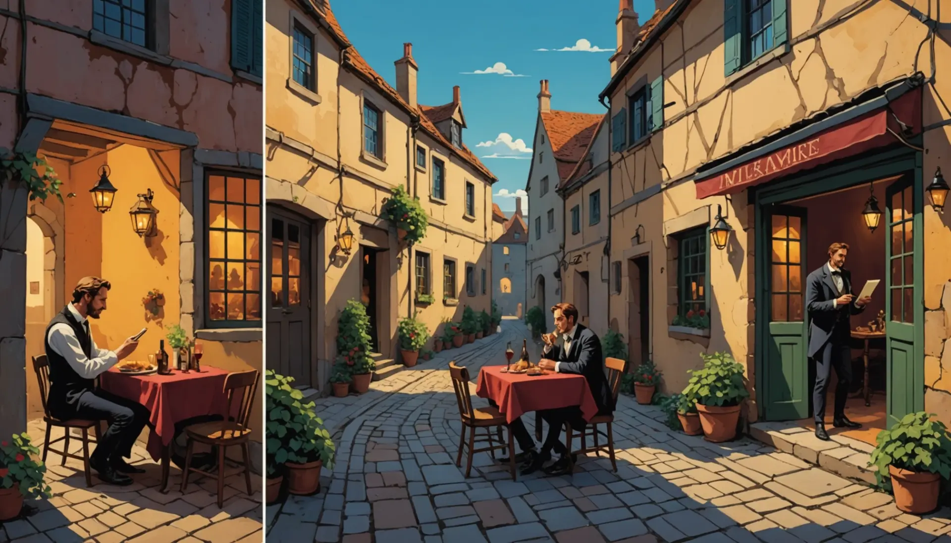 Editorial illustration showing a tiny hamlet village and a brooding figure representing Hamlet, with focus on 'what does hamlet mean'