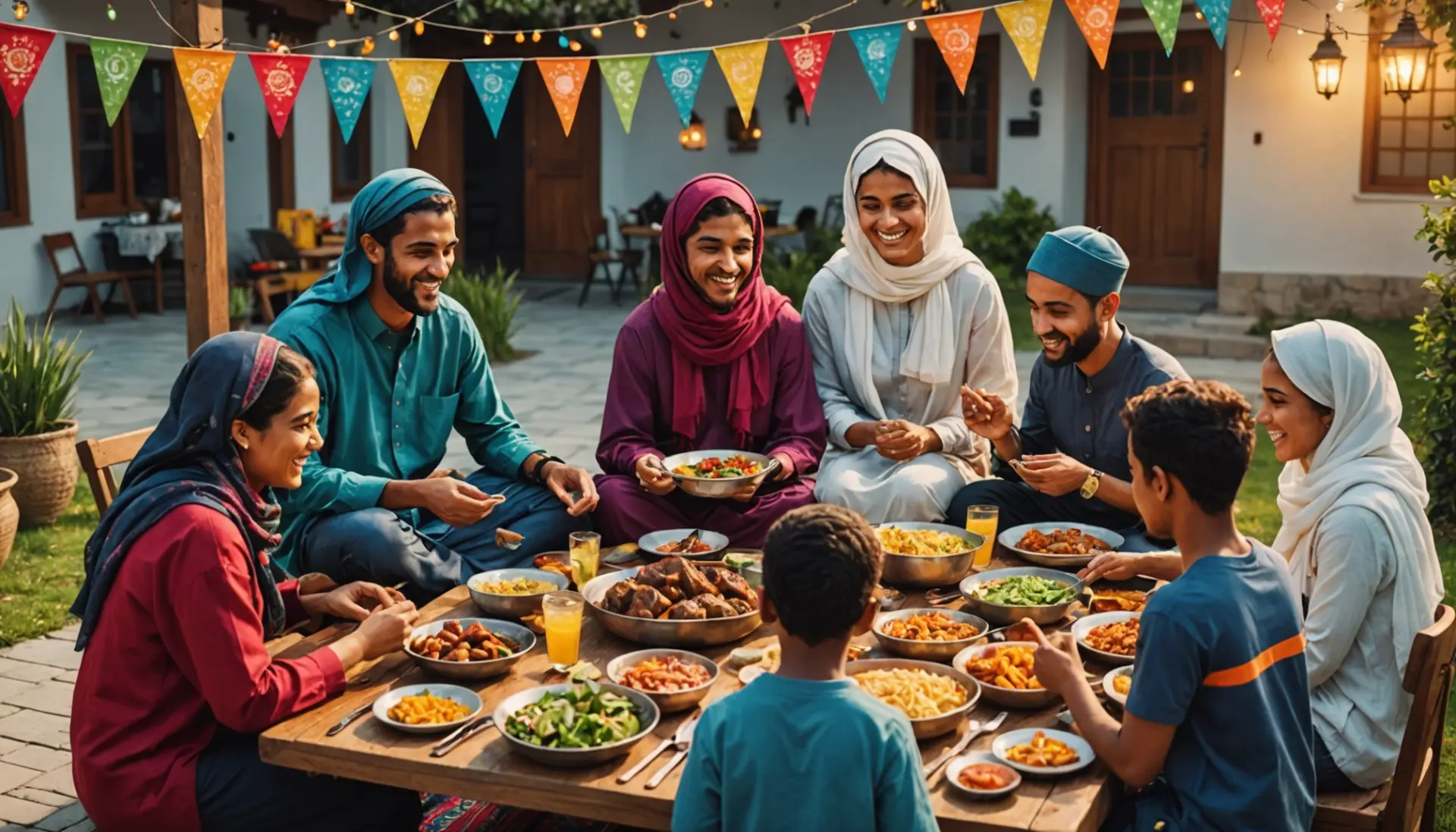 What does eid al adha mean illustrated scene showing families sharing food during Eid al Adha