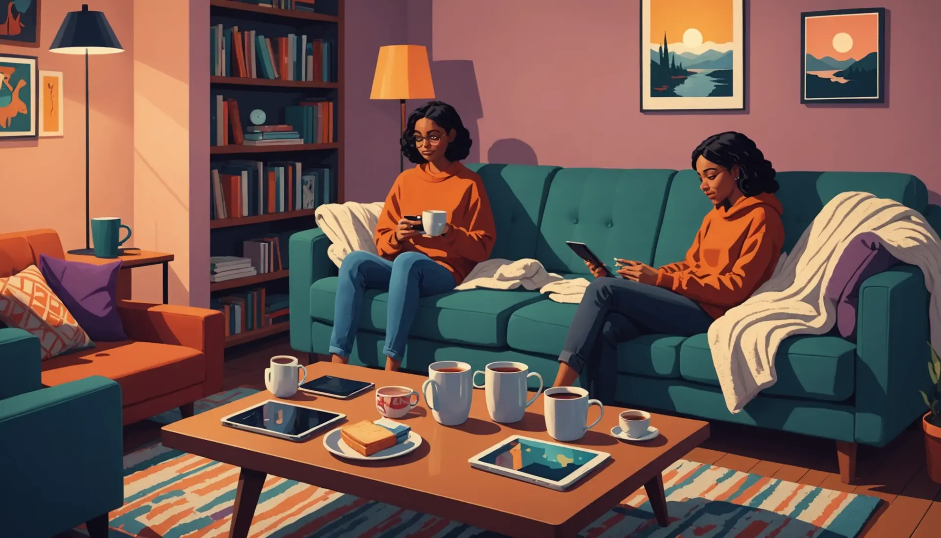 Editorial illustration showing a cozy scene representing warm milk meaning urban dictionary