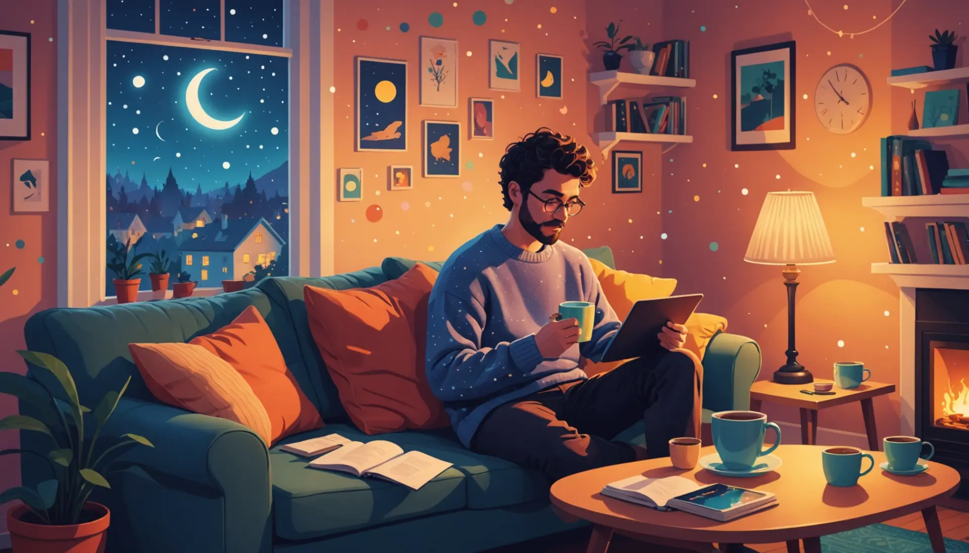 Editorial illustration of a cozy nighttime scene representing warm milk urban dictionary vibes
