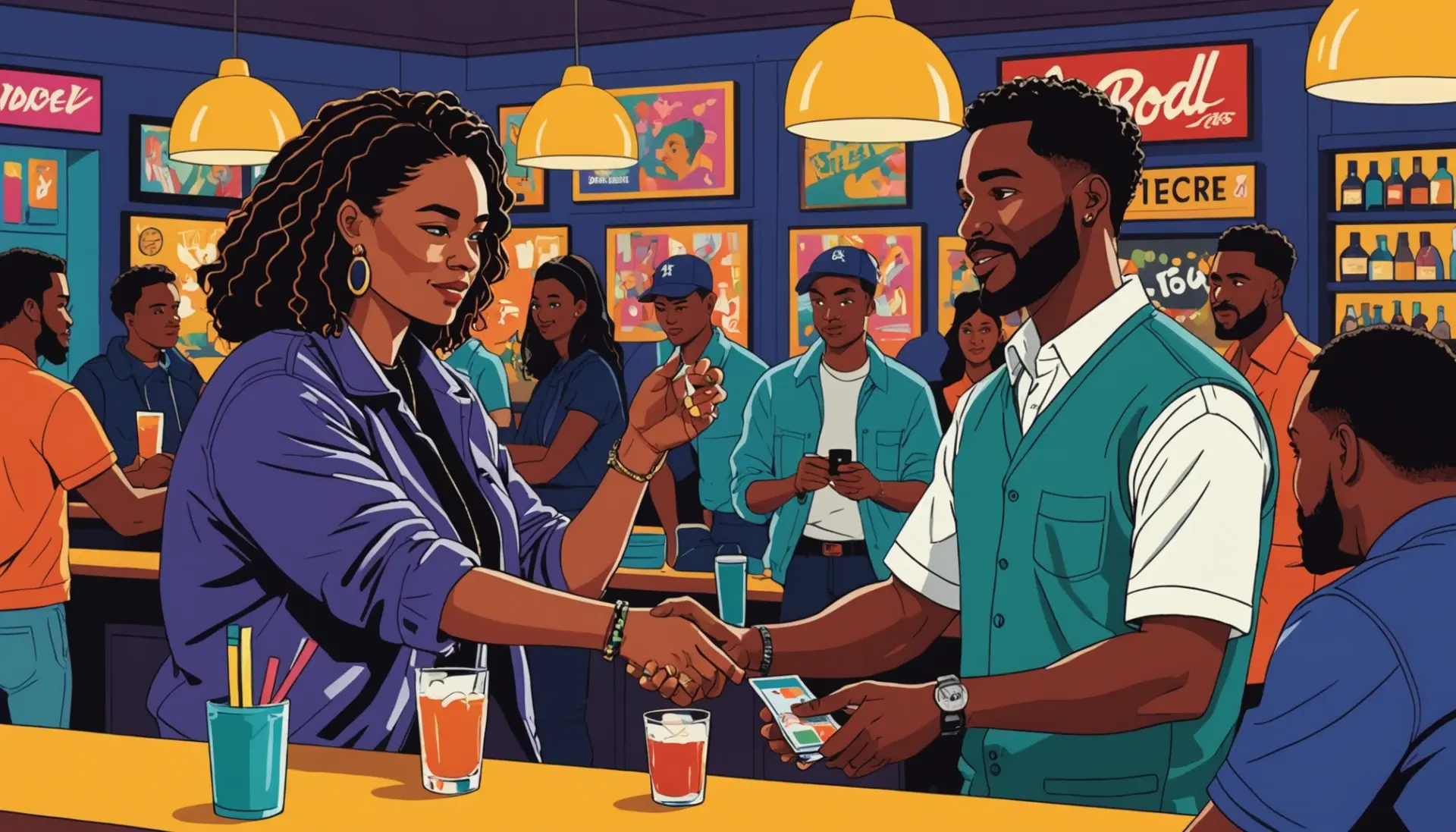 Editorial illustration showing young people getting carded at a bar, concept for slang for an id check