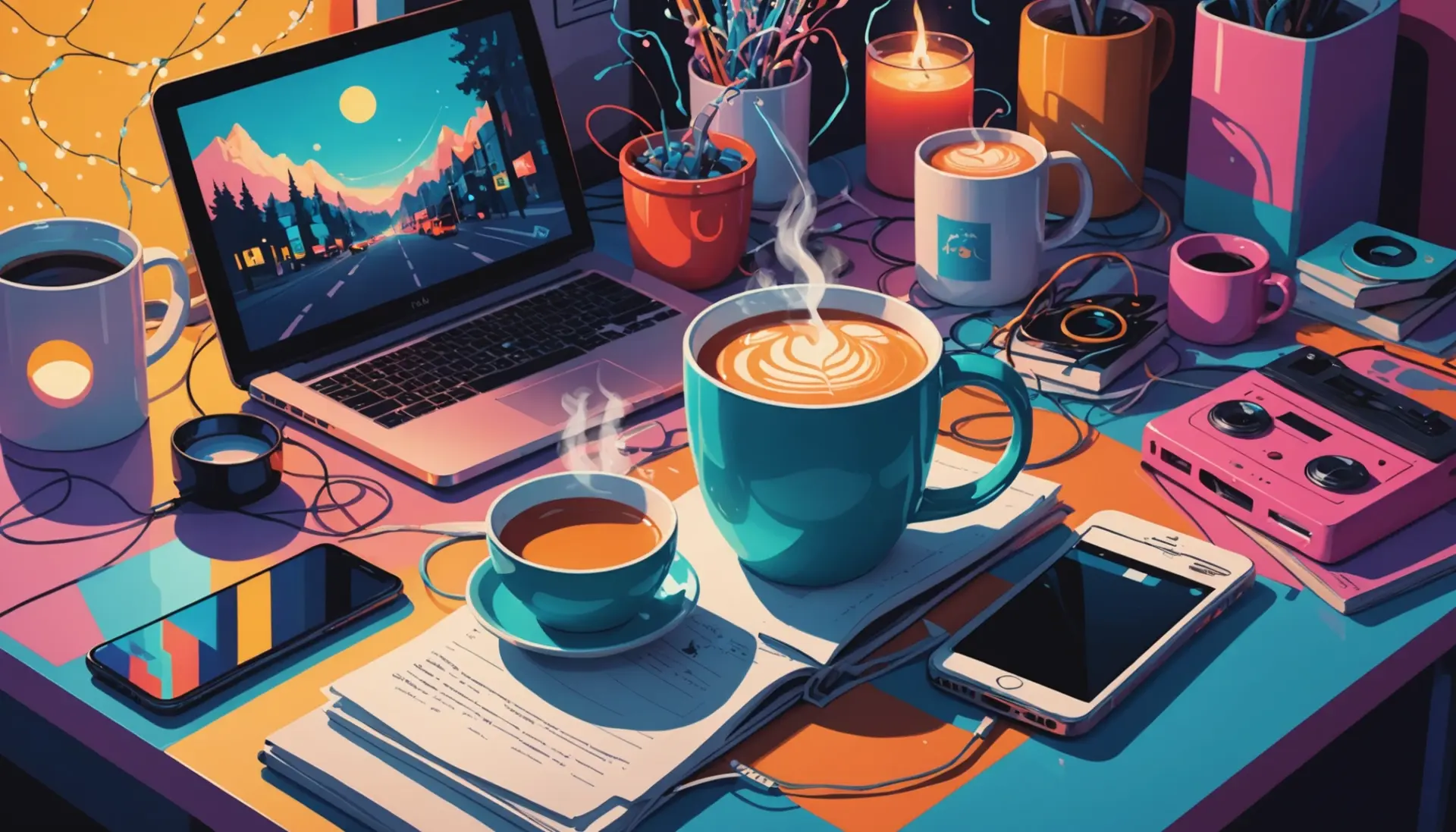 Editorial illustration showing a cozy scene with a mug and the phrase hot milk urban dictionary vibe