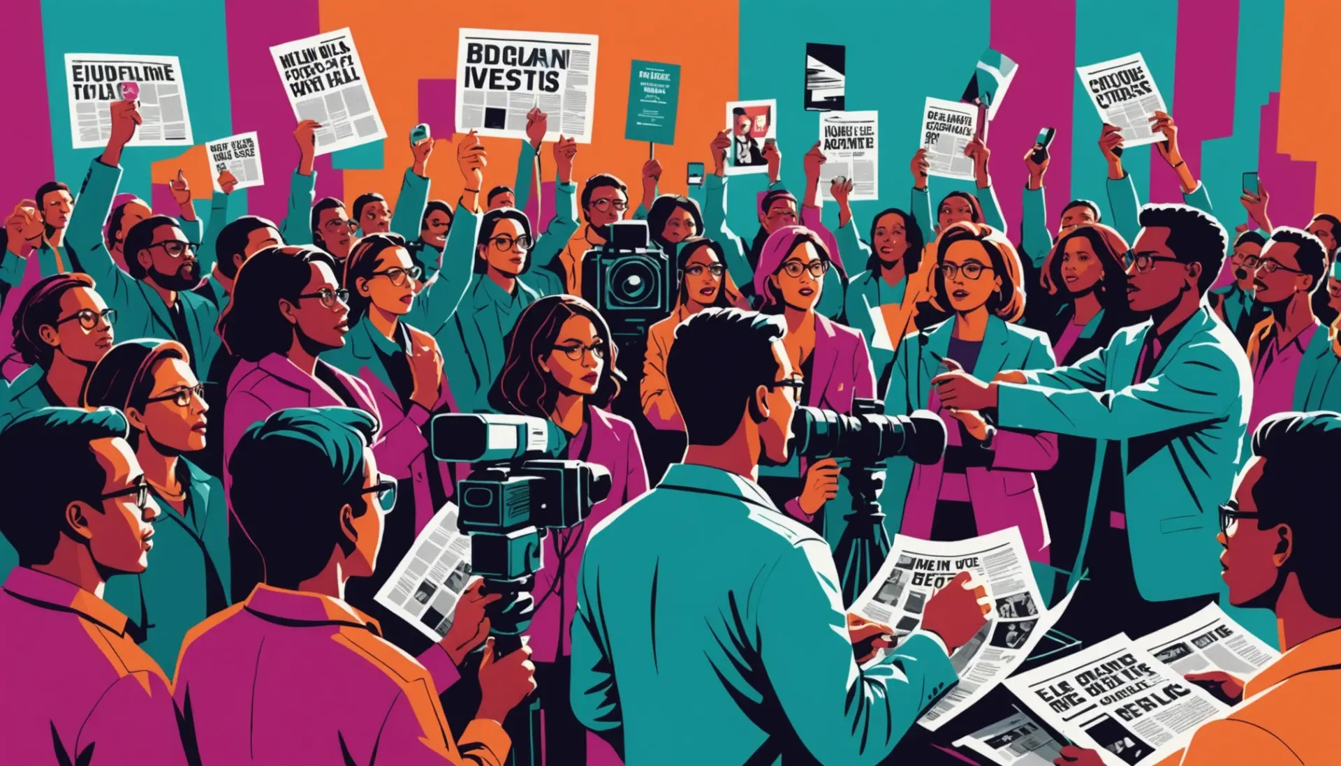 Editorial illustration of journalists and cameras representing what does fourth estate mean