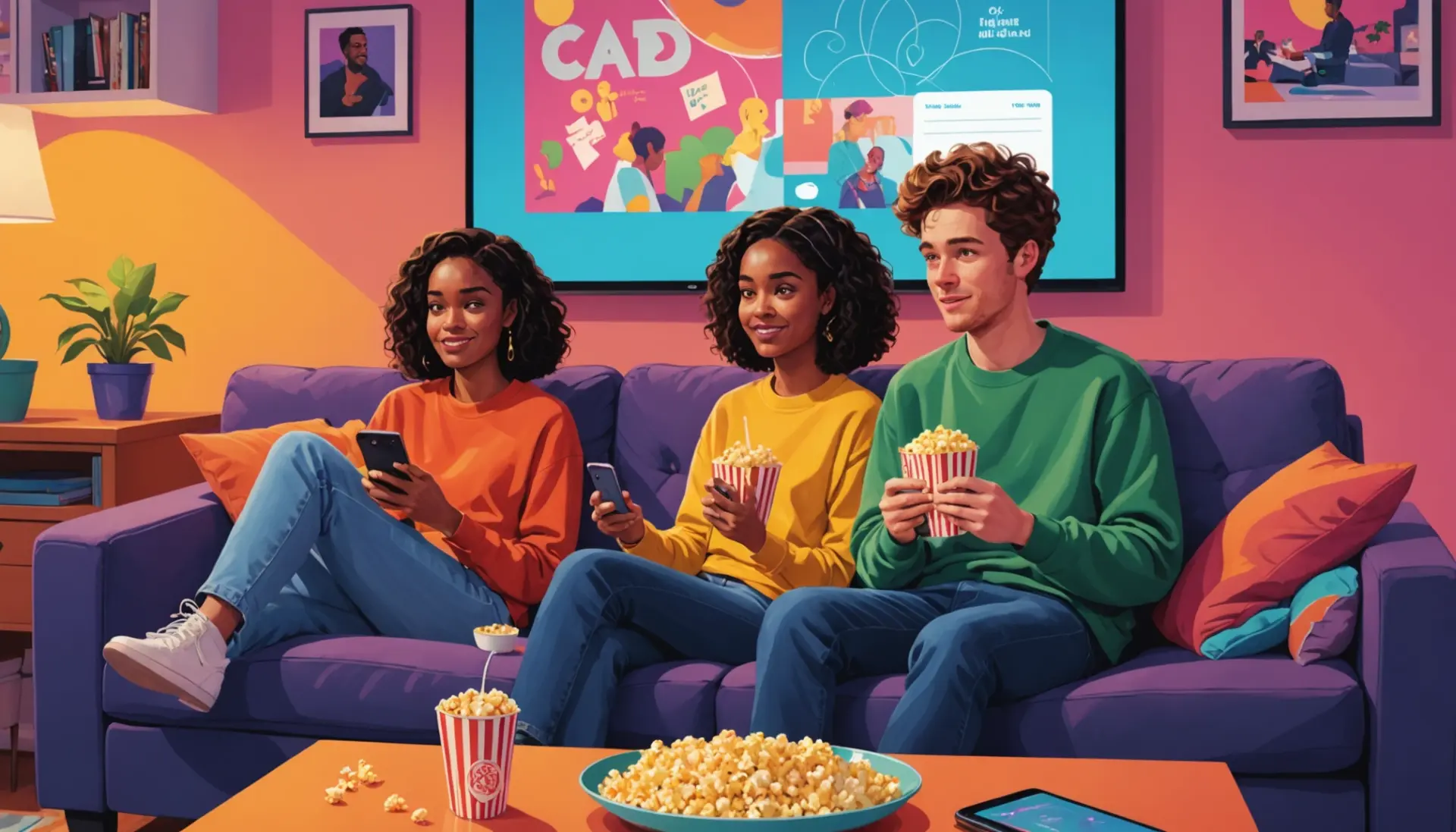 Illustration showing young people on a couch with a TV, caption concept for what does netflix and chill mean