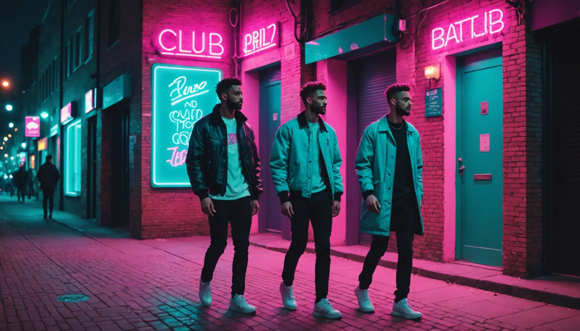 Editorial illustration of queer nightlife scene showing the vibe of what does trade mean gay with two figures and neon tones