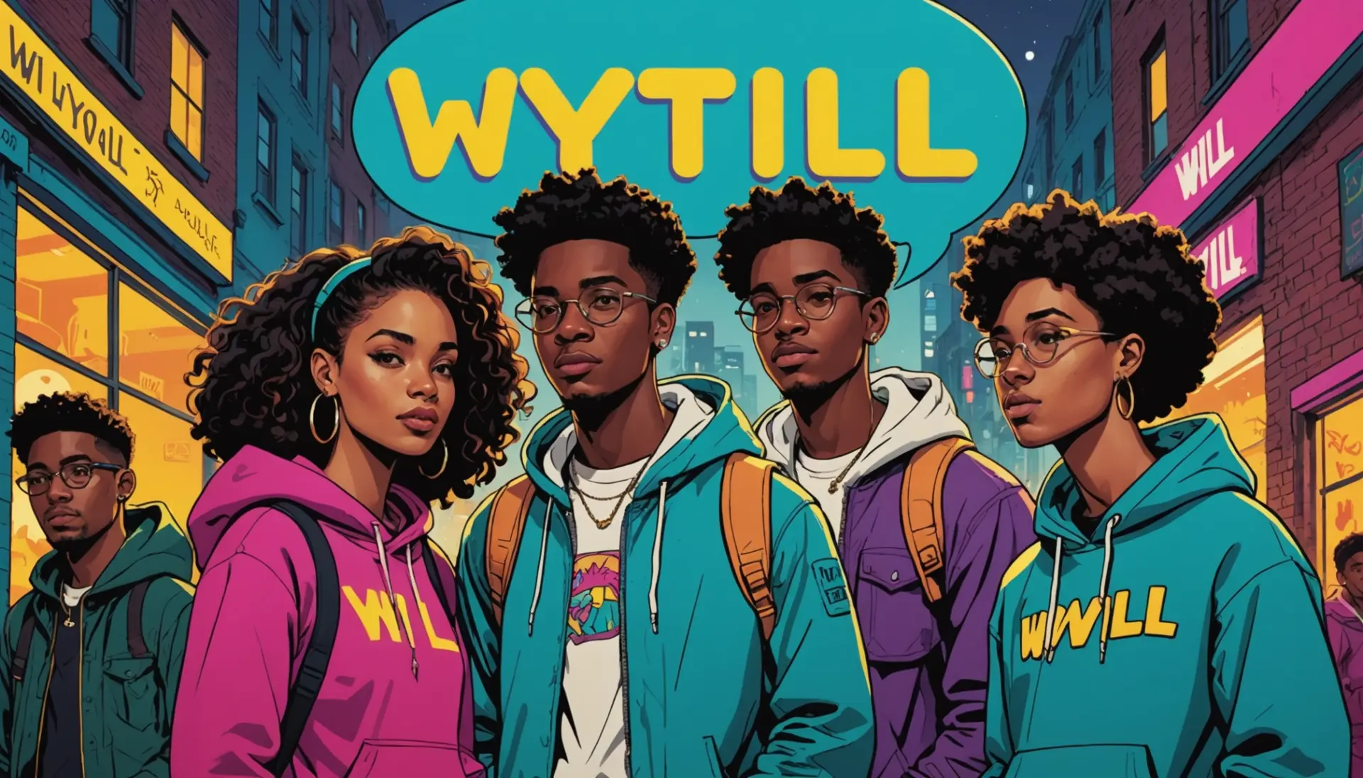 Editorial illustration showing people asking what does wyll mean around a glowing text bubble