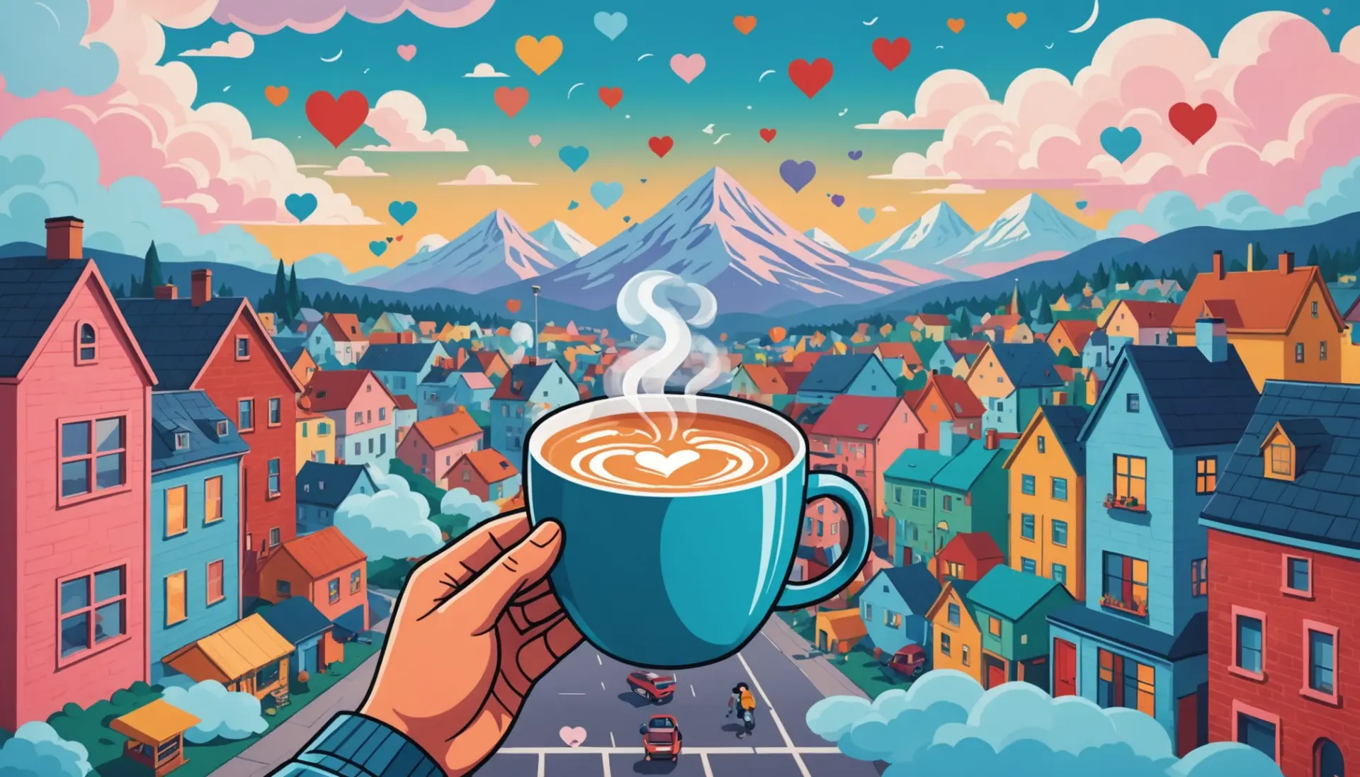 Editorial illustration of a steaming mug labeled warm milk with cozy urban vibes, referencing what is warm milk urban dictionary