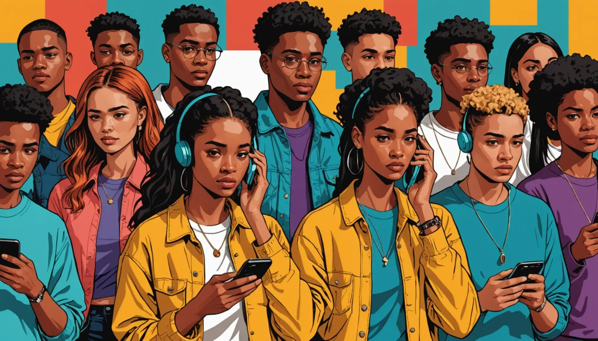 Editorial illustration showing people reacting online with the text 'smh meaning in slang' implied by body language