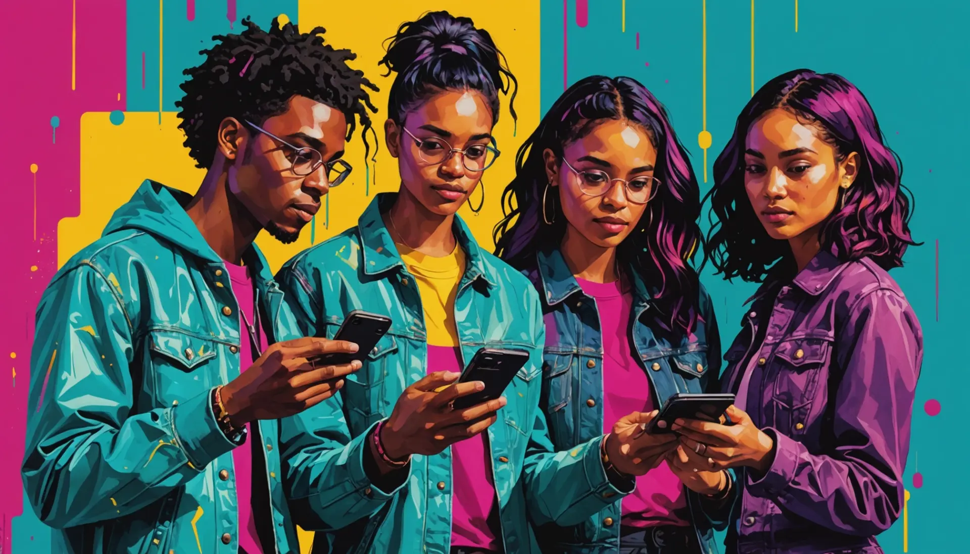 Editorial illustration showing people around a smartphone with an AI info on Instagram mean label floating above the screen
