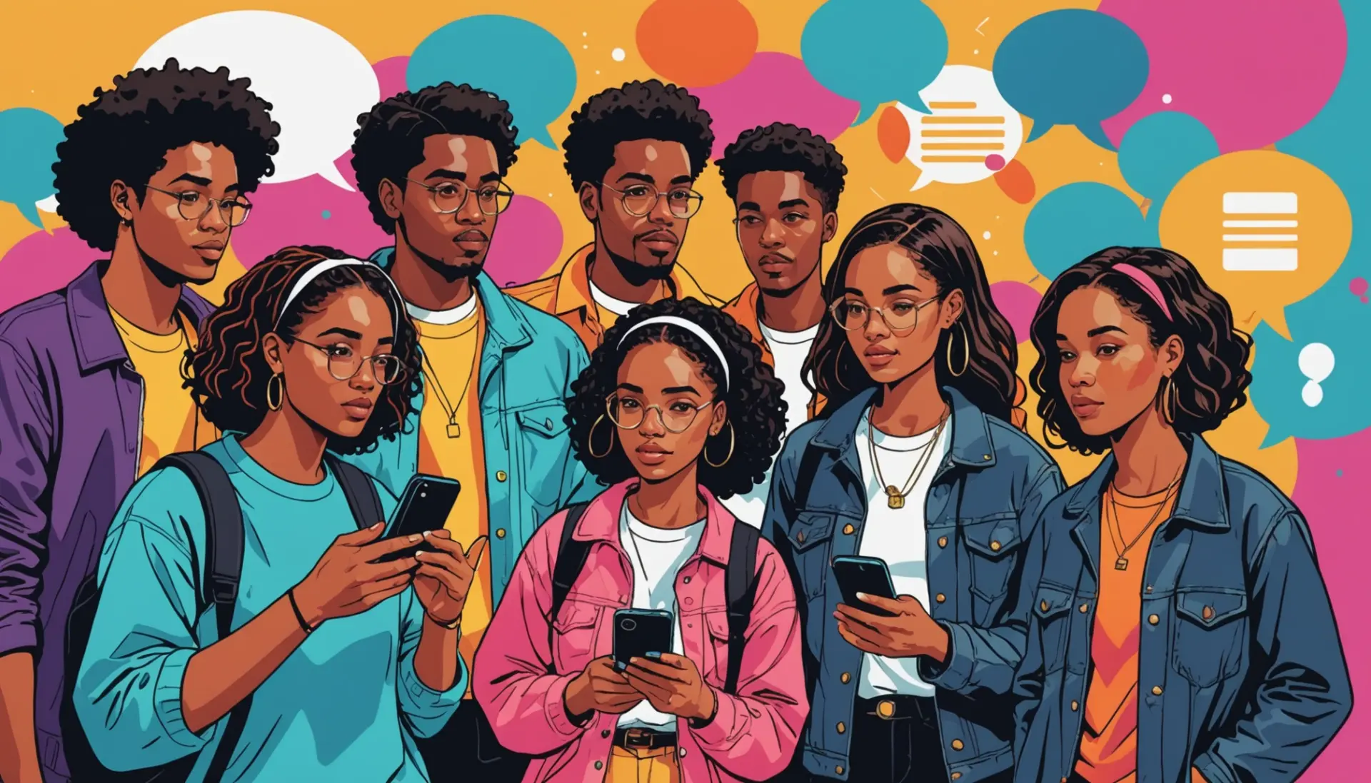 Editorial illustration showing young people texting 'wtms' with speech bubbles, representing wtms meaning slang