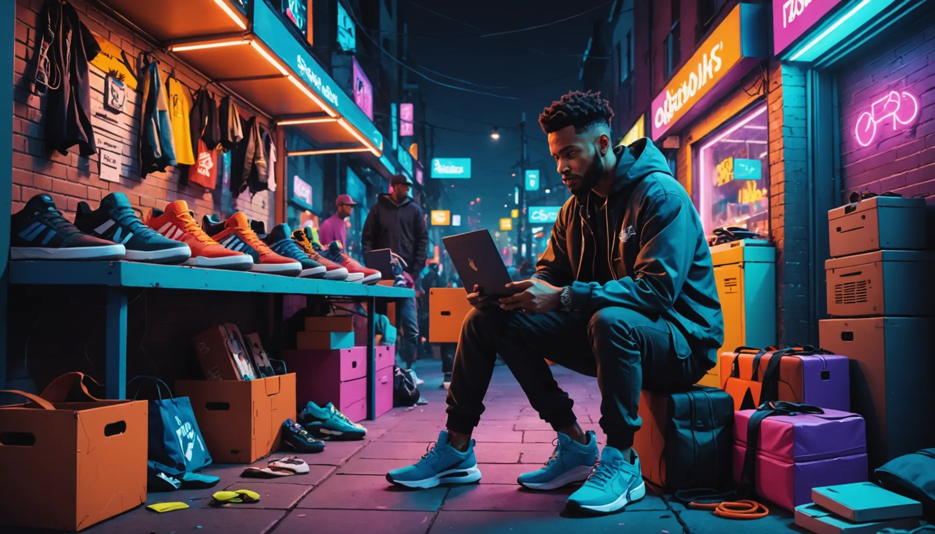 Editorial illustration showing people in different scenes representing booster slang: a reseller, a gamer, and a social media promoter, with the phrase what is a booster slang visible in context
