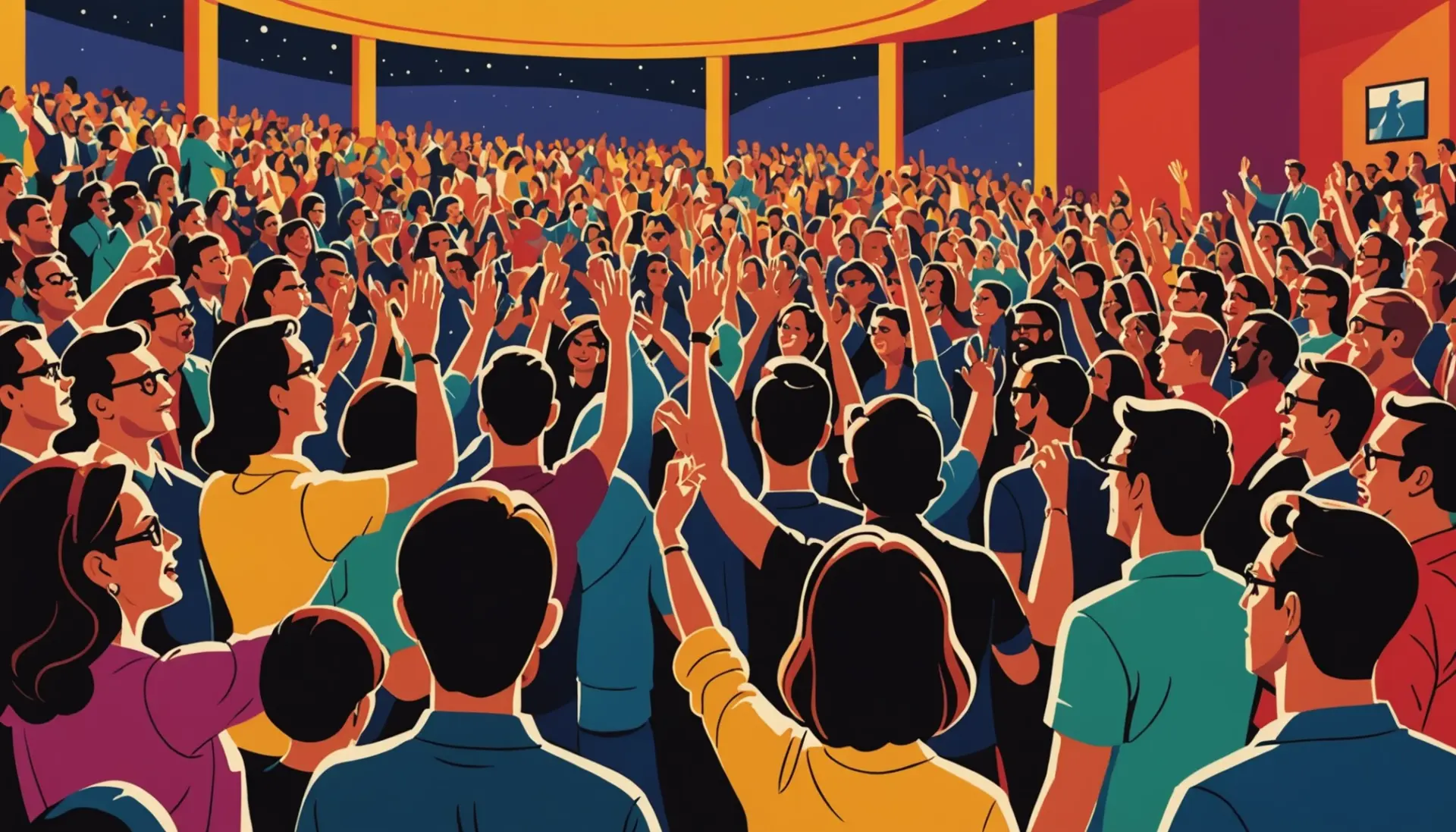 Editorial illustration showing a rowdy crowd in the cheap seats labeled peanut gallery meaning slang