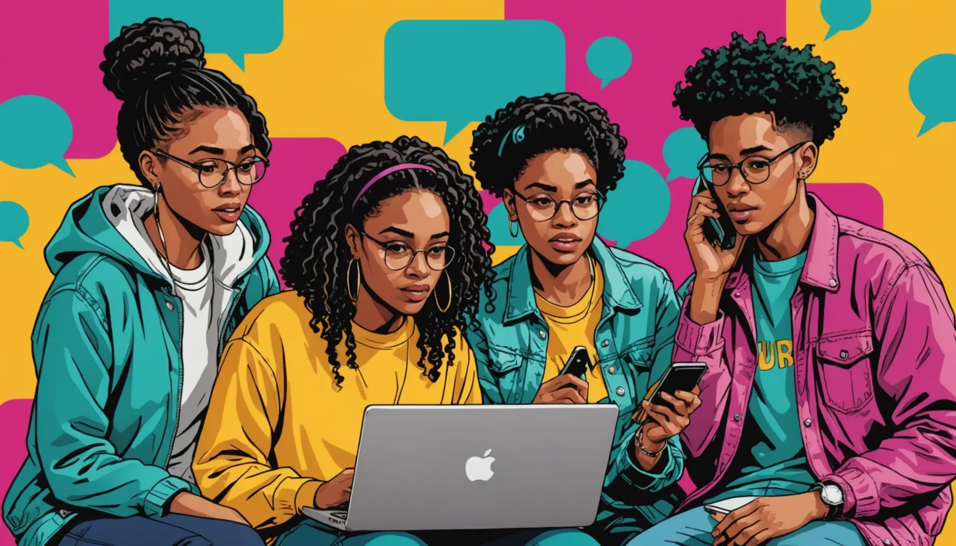 Editorial illustration showing people texting the phrase 'what does hur mean in text' with speech bubbles containing 'hur', and reaction emojis