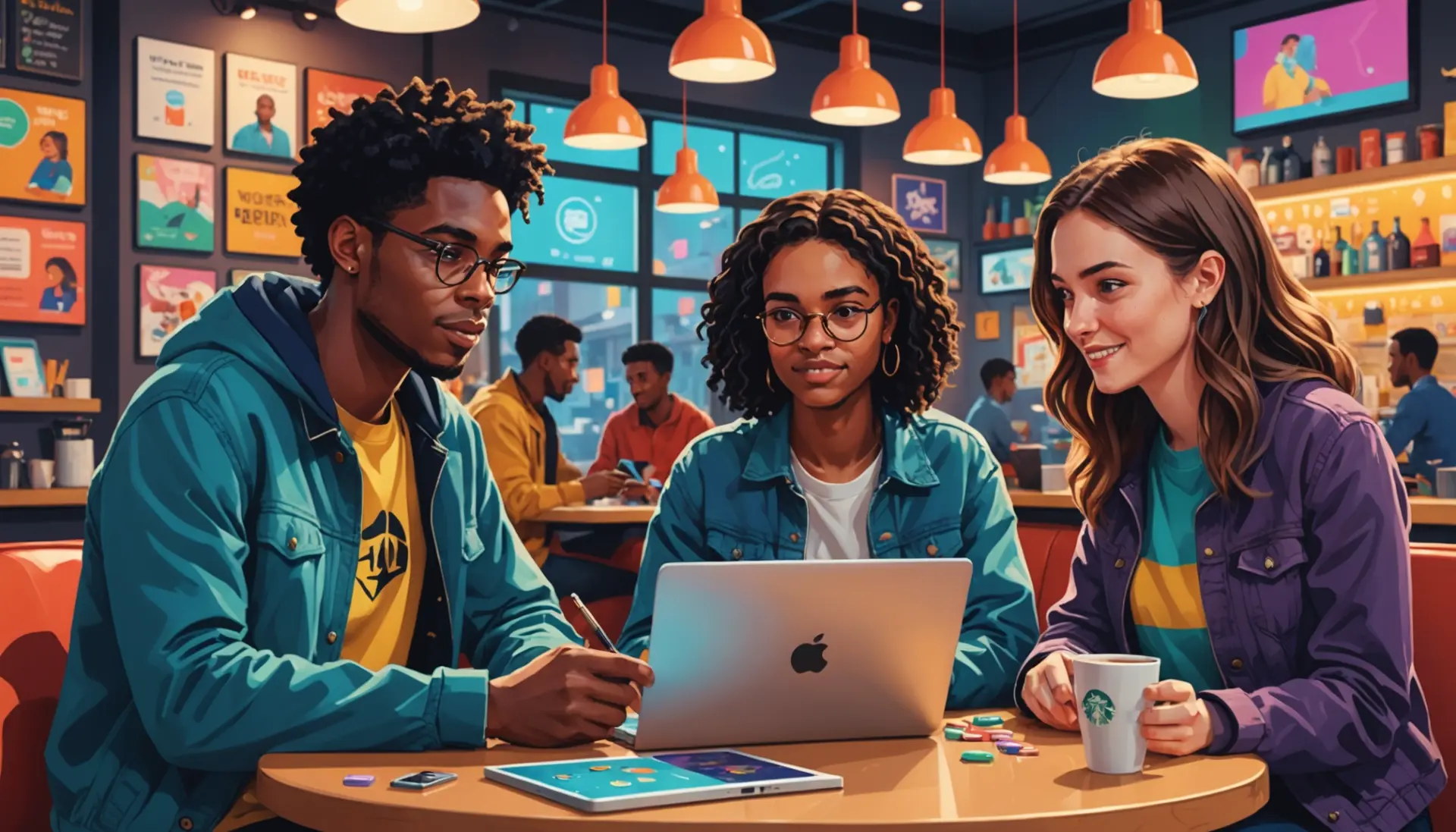 Editorial illustration showing young people discussing what is a perk slang, representing workplace perks, gaming upgrades, and ambiguous slang contexts