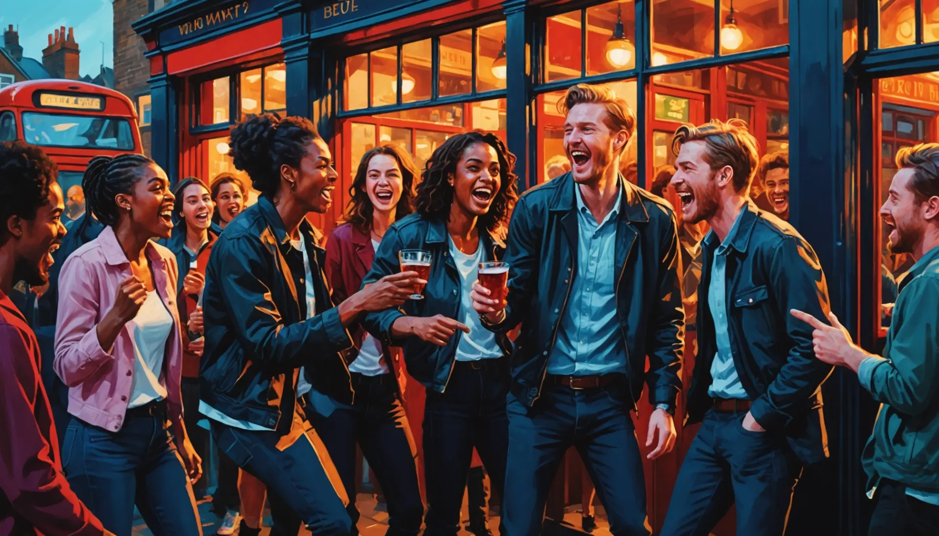 Editorial illustration showing British pub scene with speech bubble implying 'wanker british slang' usage