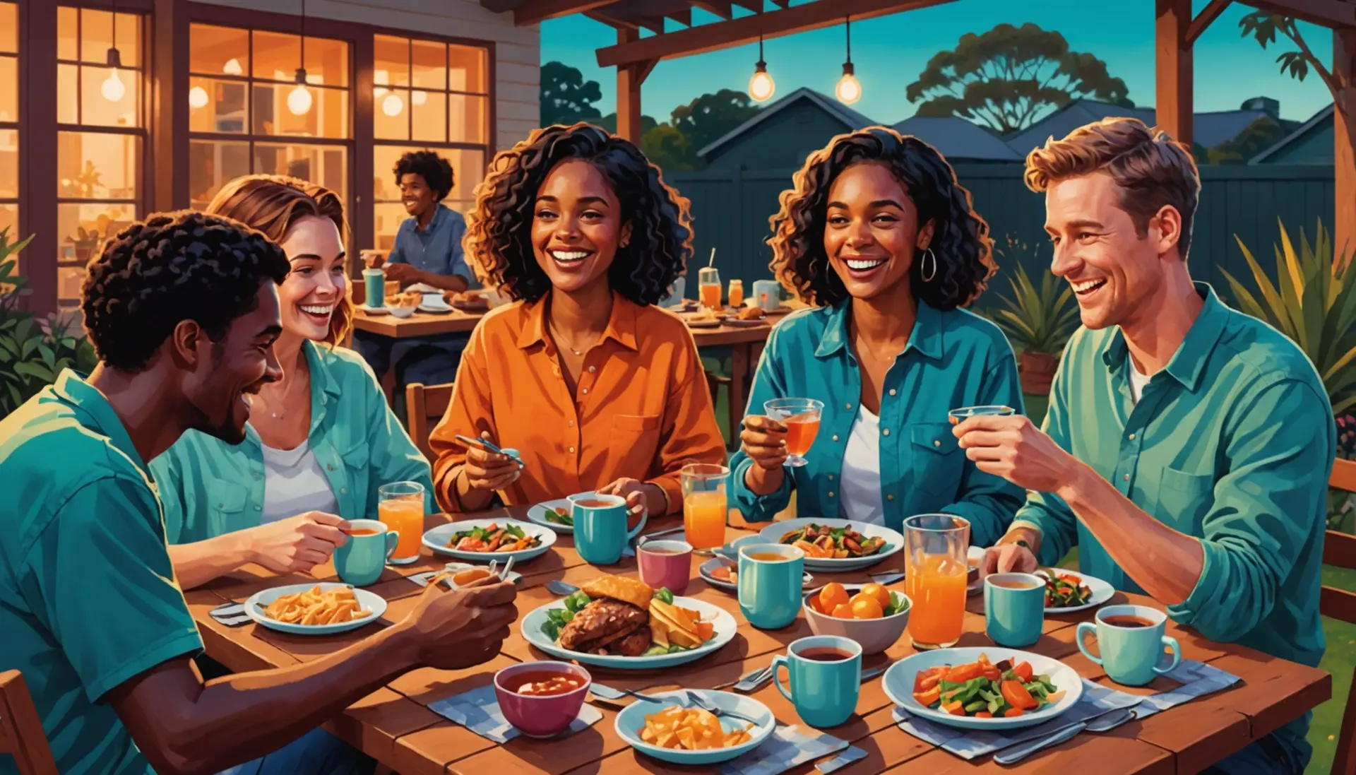 Illustration showing people at an Aussie dinner discussing 'australian slang for dinner crossword'