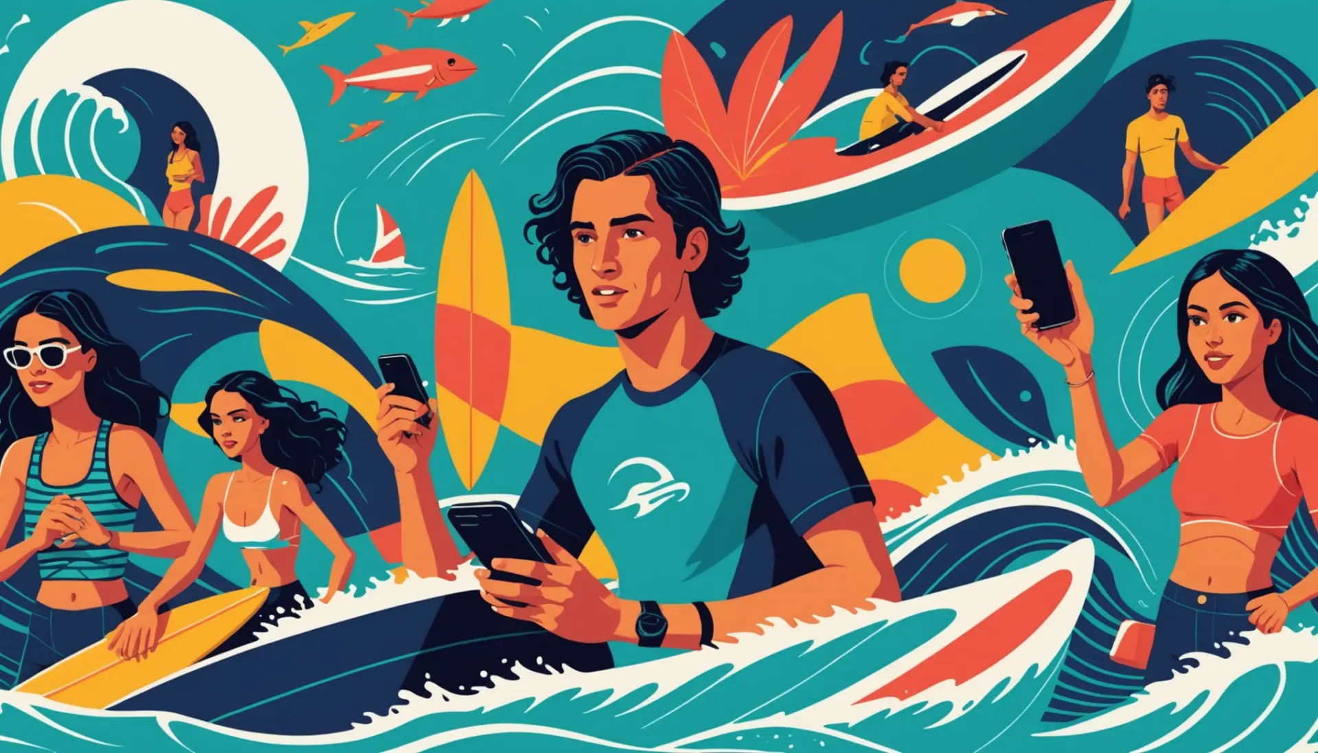 Editorial illustration showing a social media search for kook urban dictionary with colorful surf and city visuals