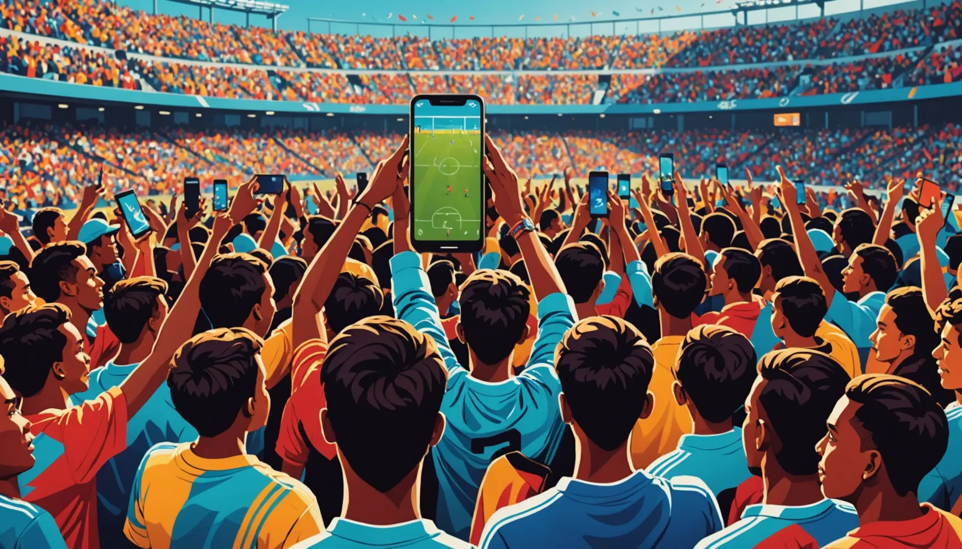 Editorial illustration of fans using soccer slang at a match, showing phrases like nutmeg and banger, with the words soccer slang in context
