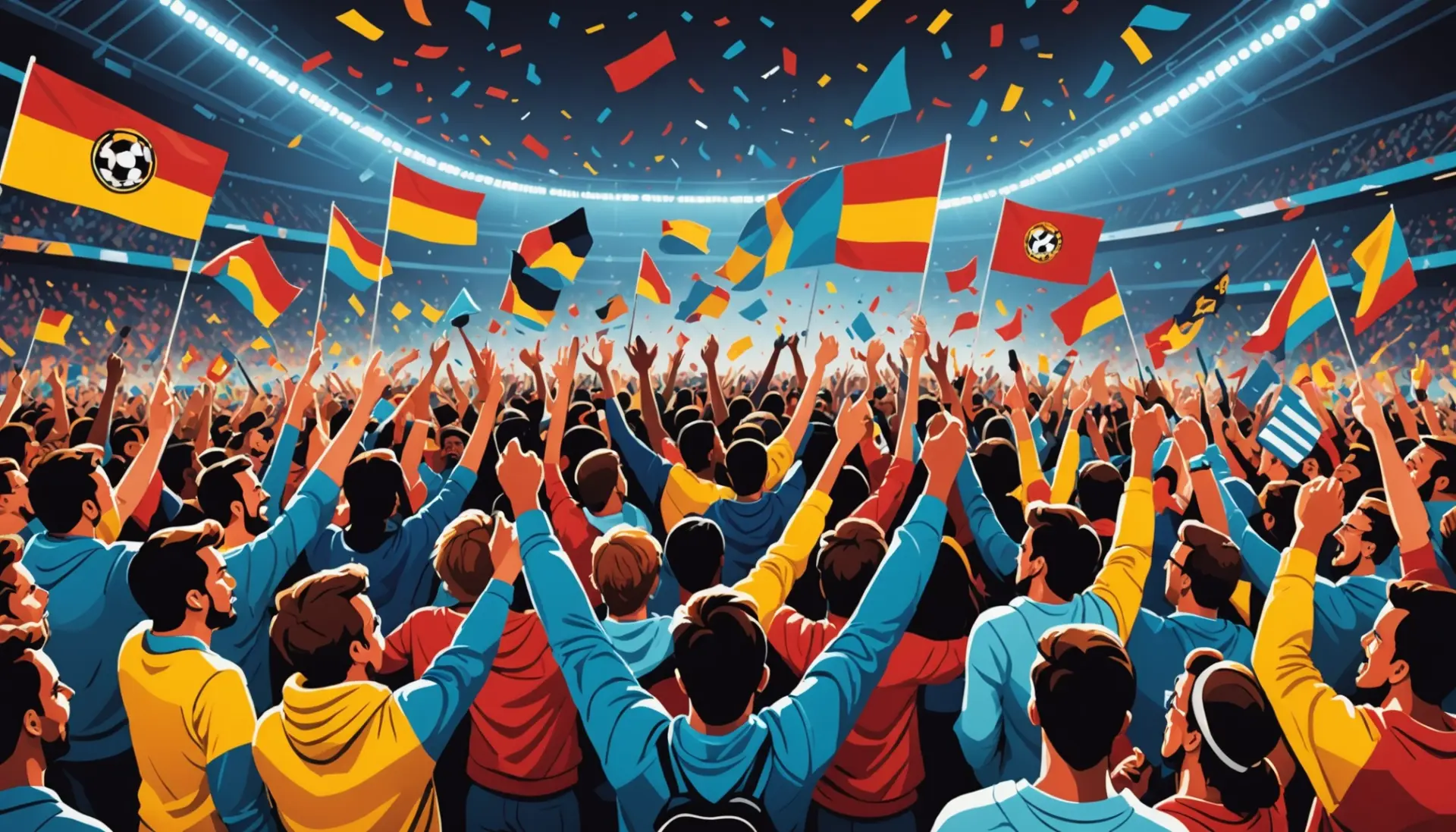 Illustration showing fans asking what does fifa world cup mean with flags and stadium, lively crowd