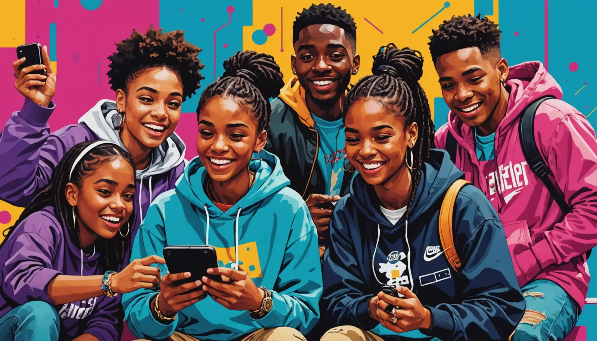 Editorial illustration of young people reacting to an Instagram post showing the words ops meaning slang instagram