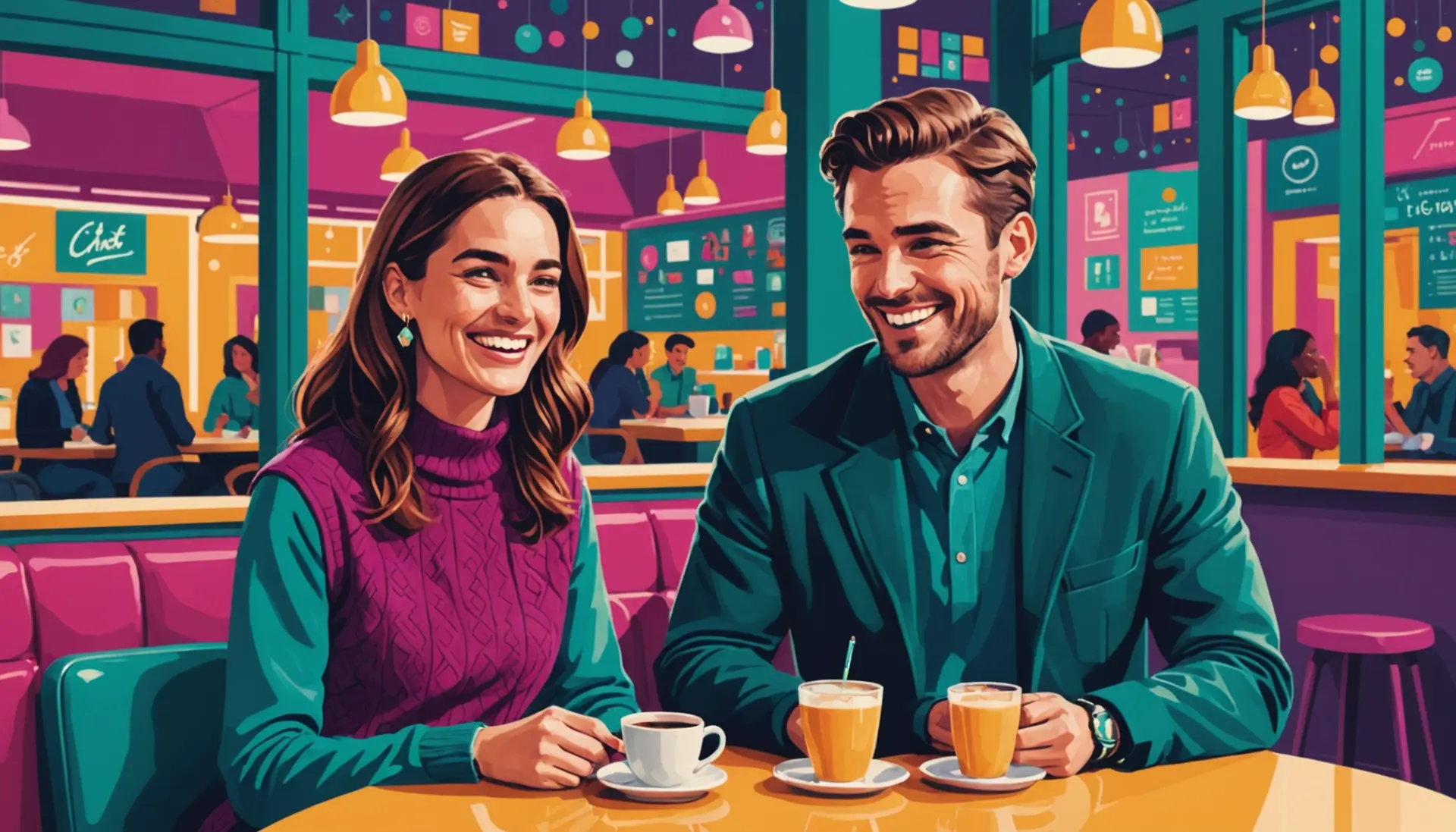 Editorial illustration showing a couple discussing 'hotwife meaning urban dictionary' with expressive body language