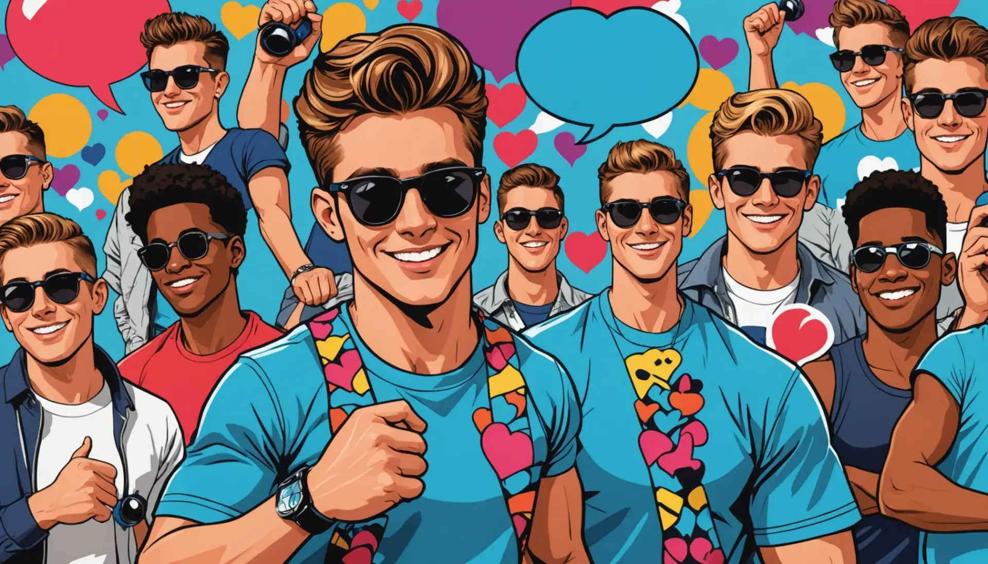 Editorial illustration of young men labelled by internet slang, with 'chads urban dictionary' vibes