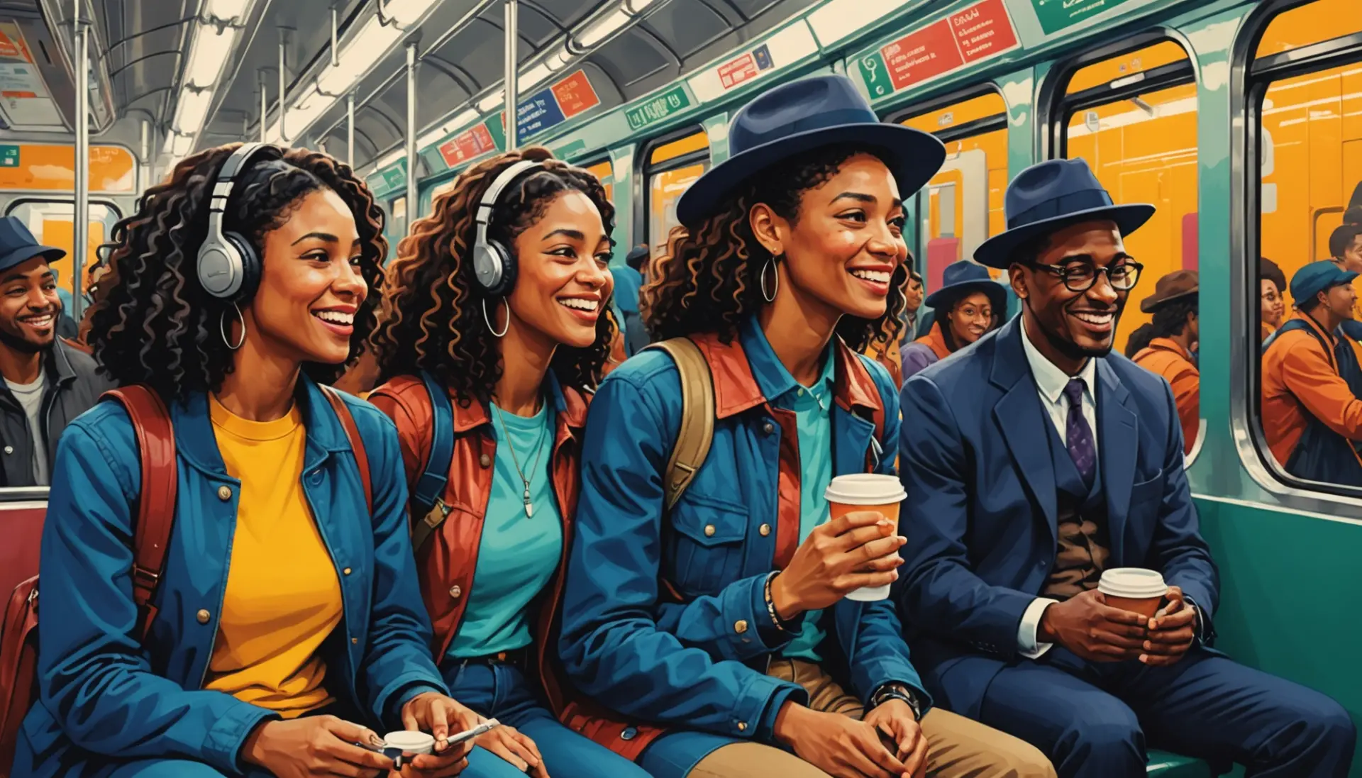 Editorial illustration of diverse New York residents using new york slang on a subway