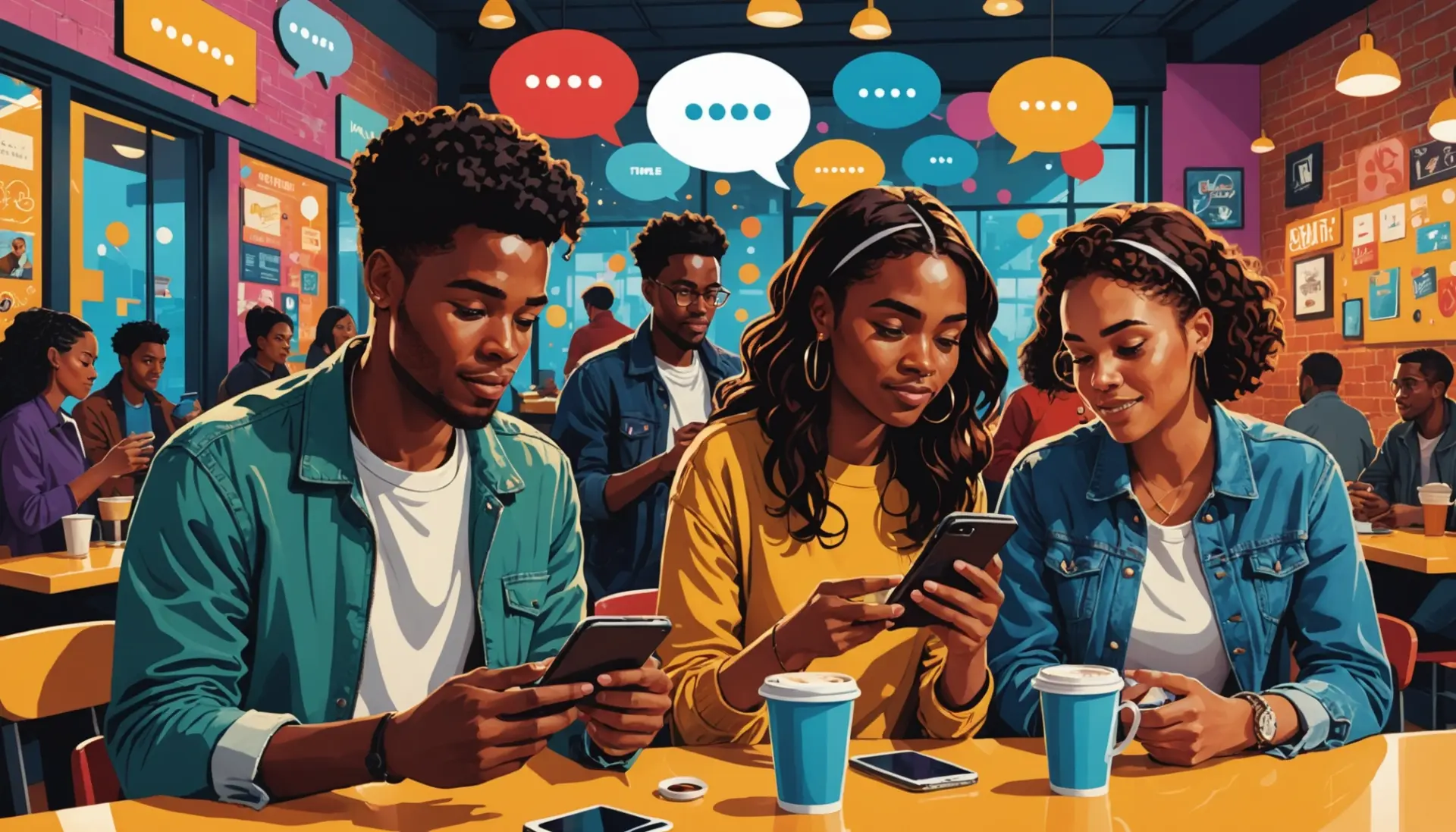 Editorial illustration showing diverse people texting and the phrase what does wm mean in text floating above
