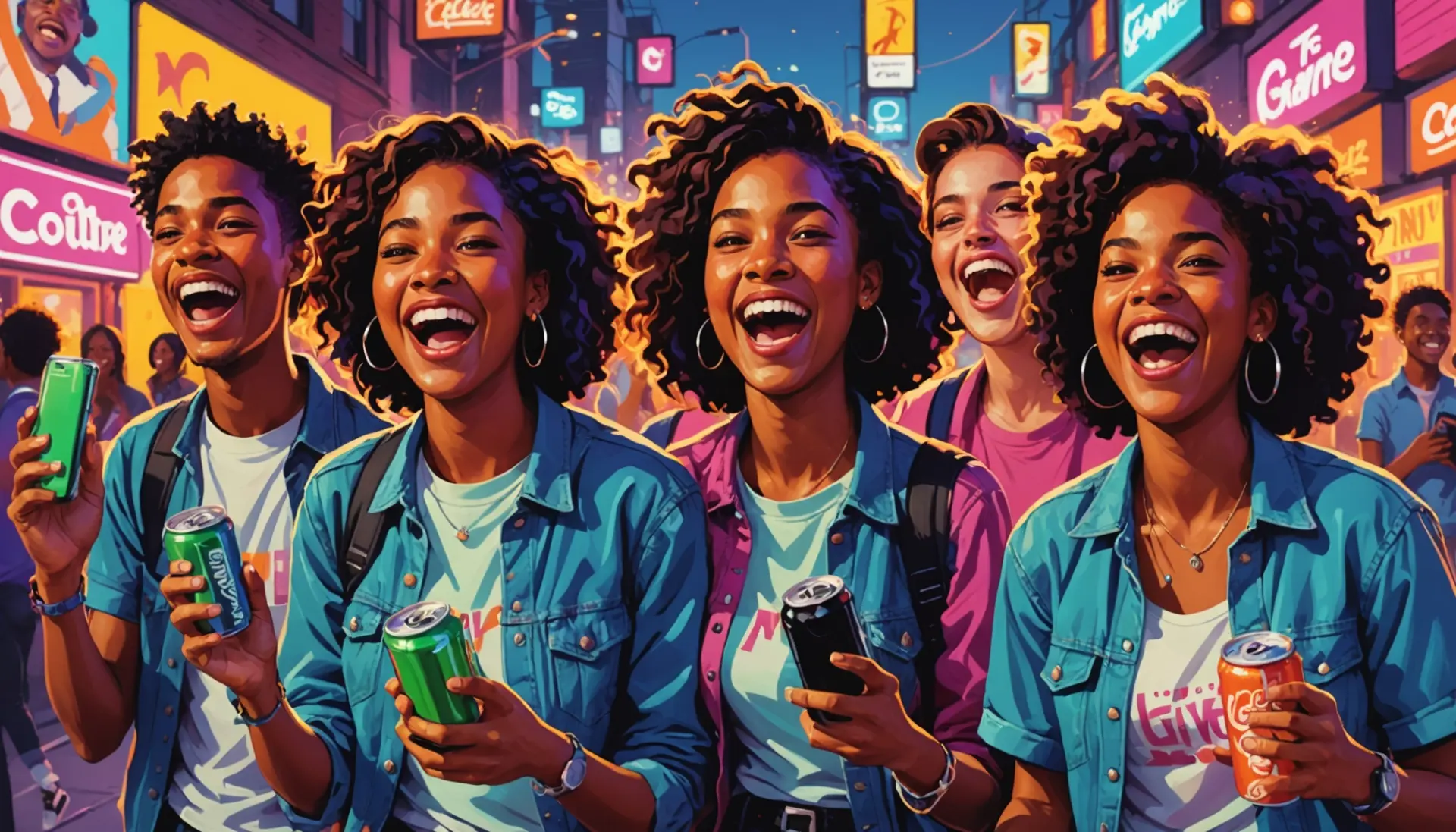 Editorial illustration featuring teens singing the meme ‘chug jug urban dictionary’ moment