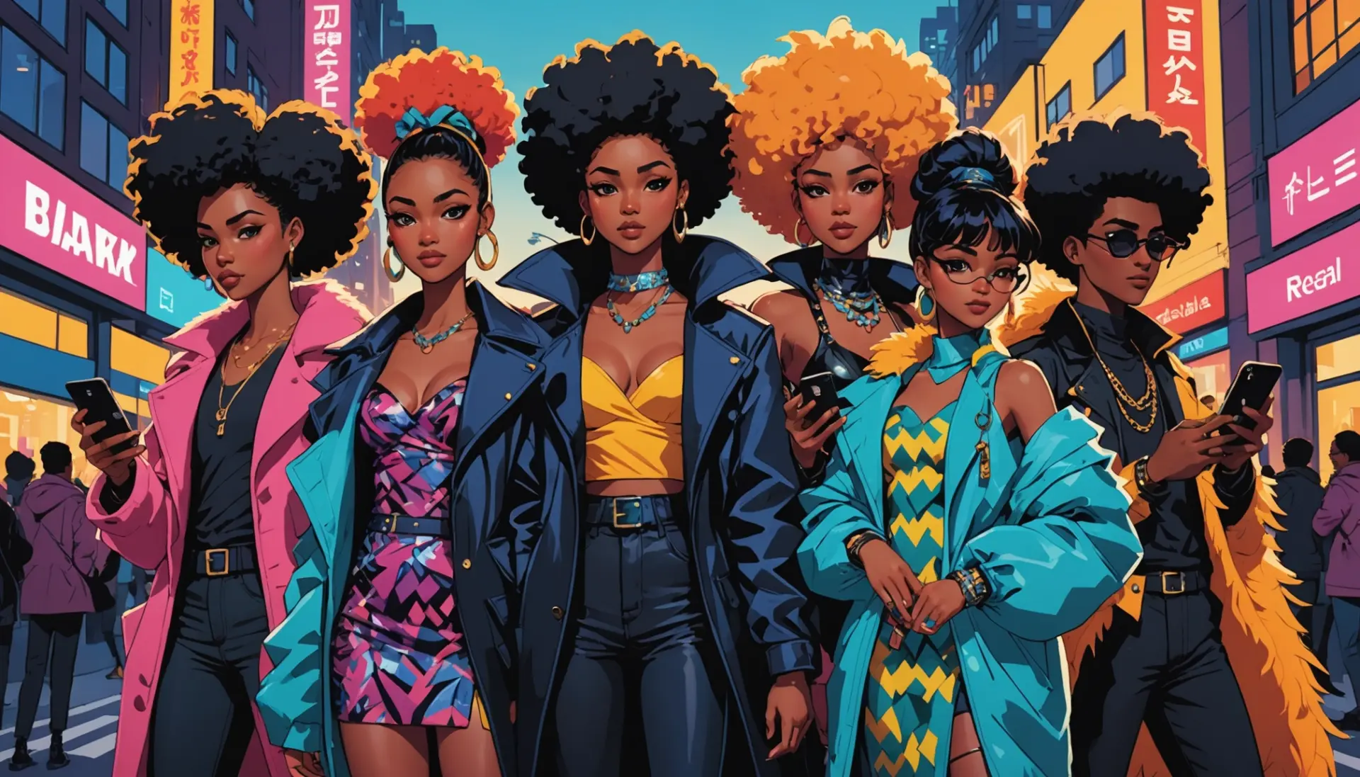 Editorial illustration showing street-style characters and anime-inspired figure, caption idea for what does boa mean in slang
