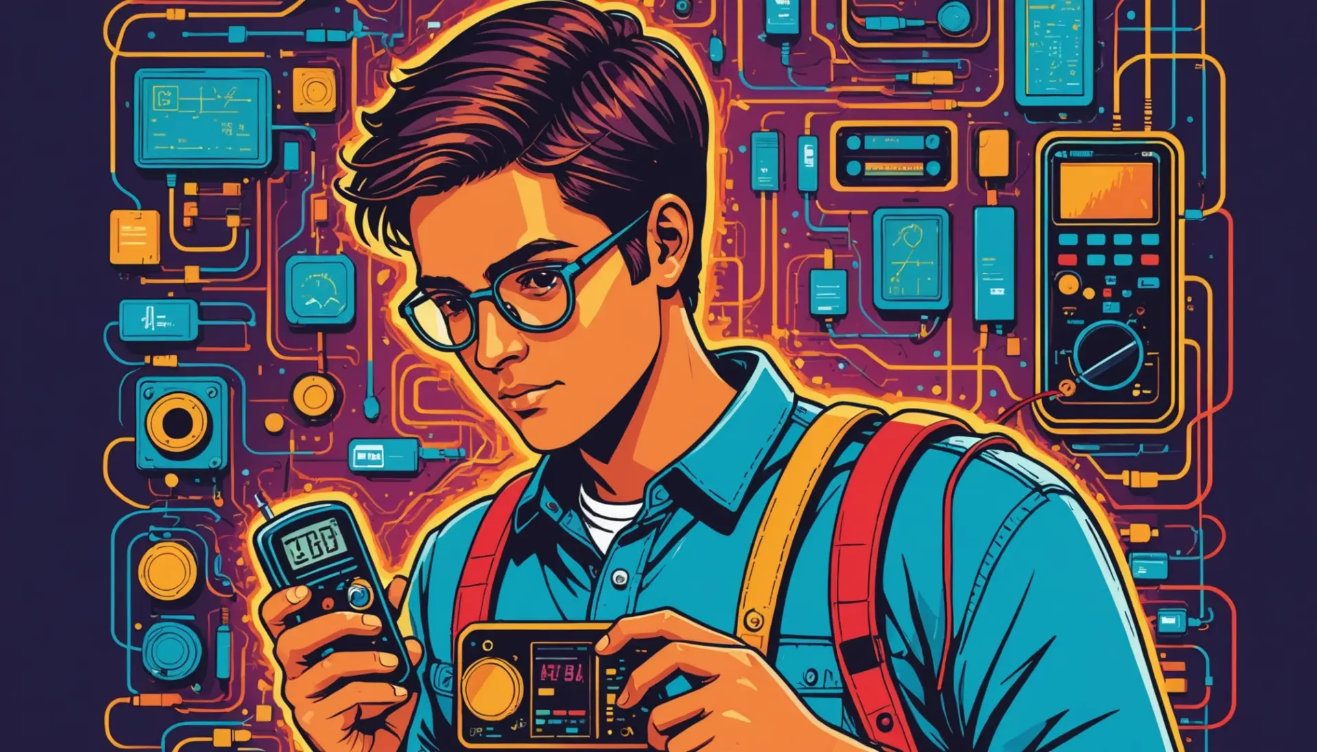 Editorial illustration showing the concept of what does milliampere mean with colorful electronics and a multimeter displaying mA