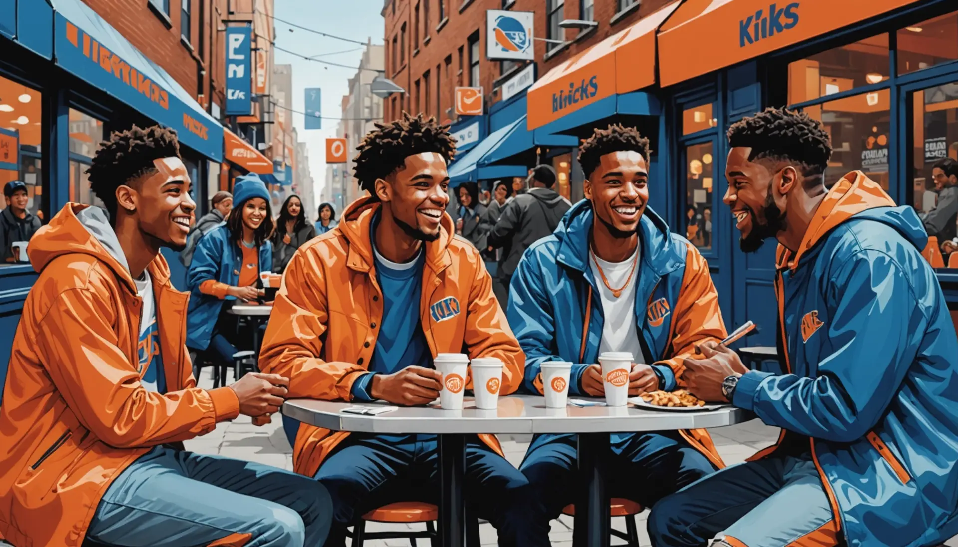 Editorial illustration showing young people discussing 'knicks meaning slang' with city and sports motifs