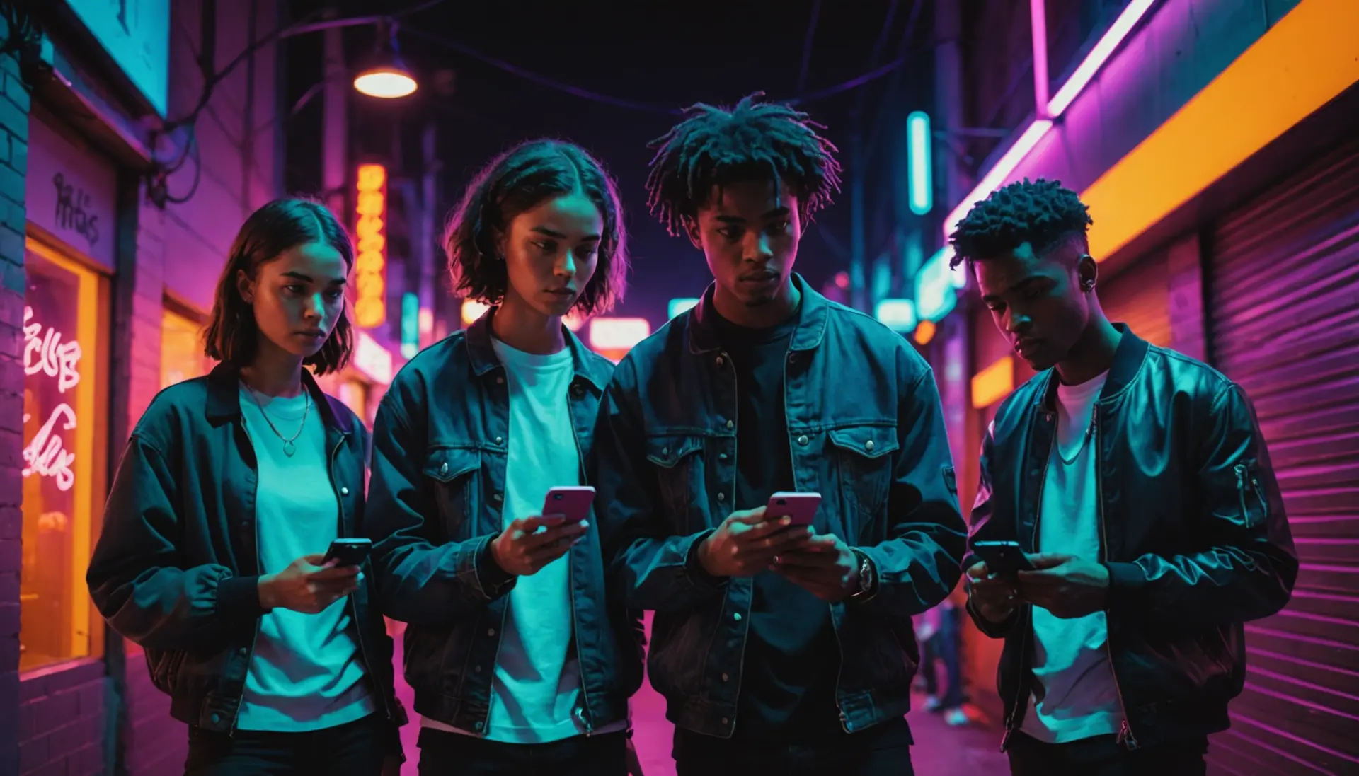 Editorial illustration showing a group of diverse young people in a tense urban scene, with the phrase pull trig meaning slang suggested by their interactions