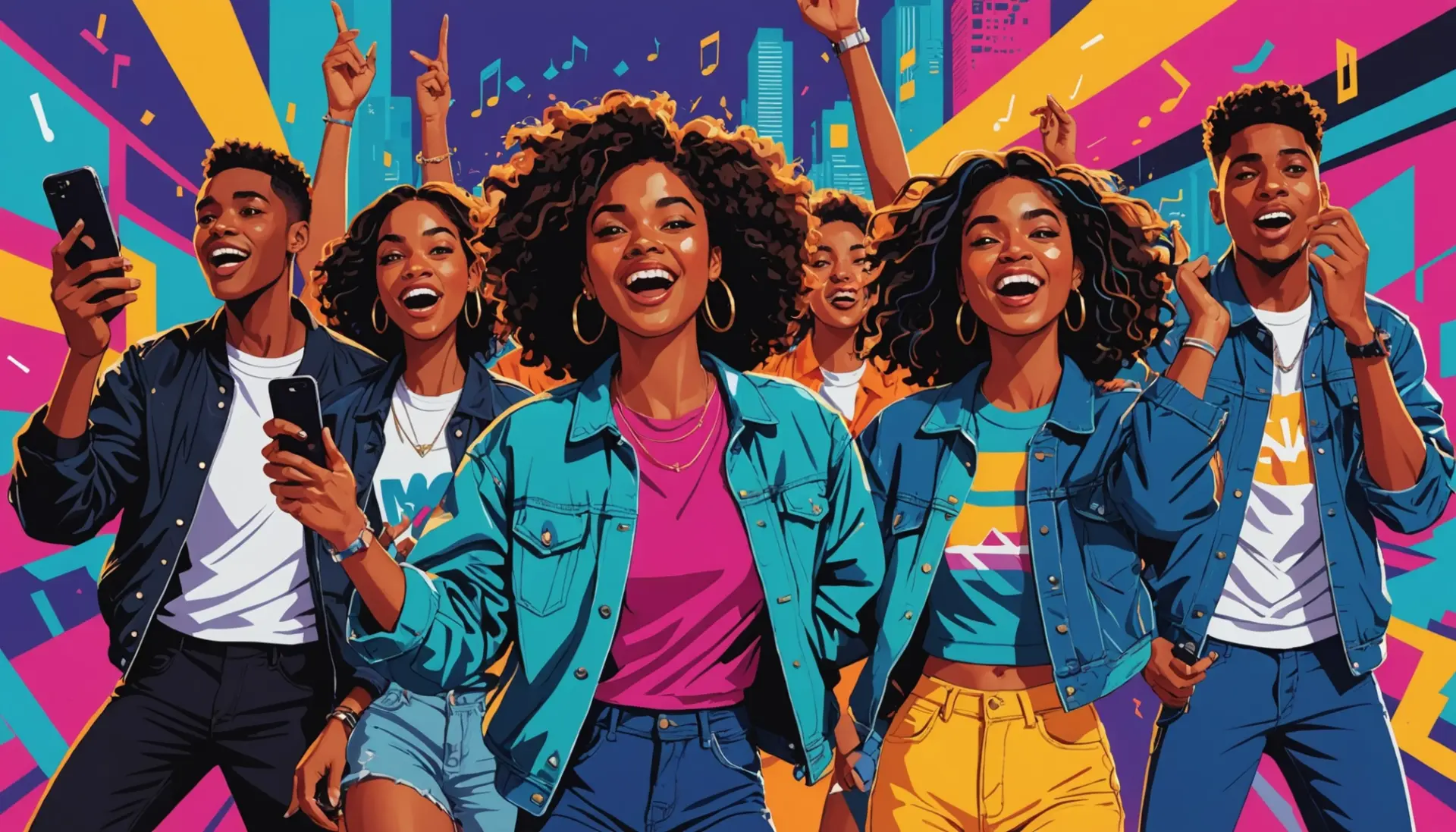 Editorial illustration of young people reacting to a catchy song in slang