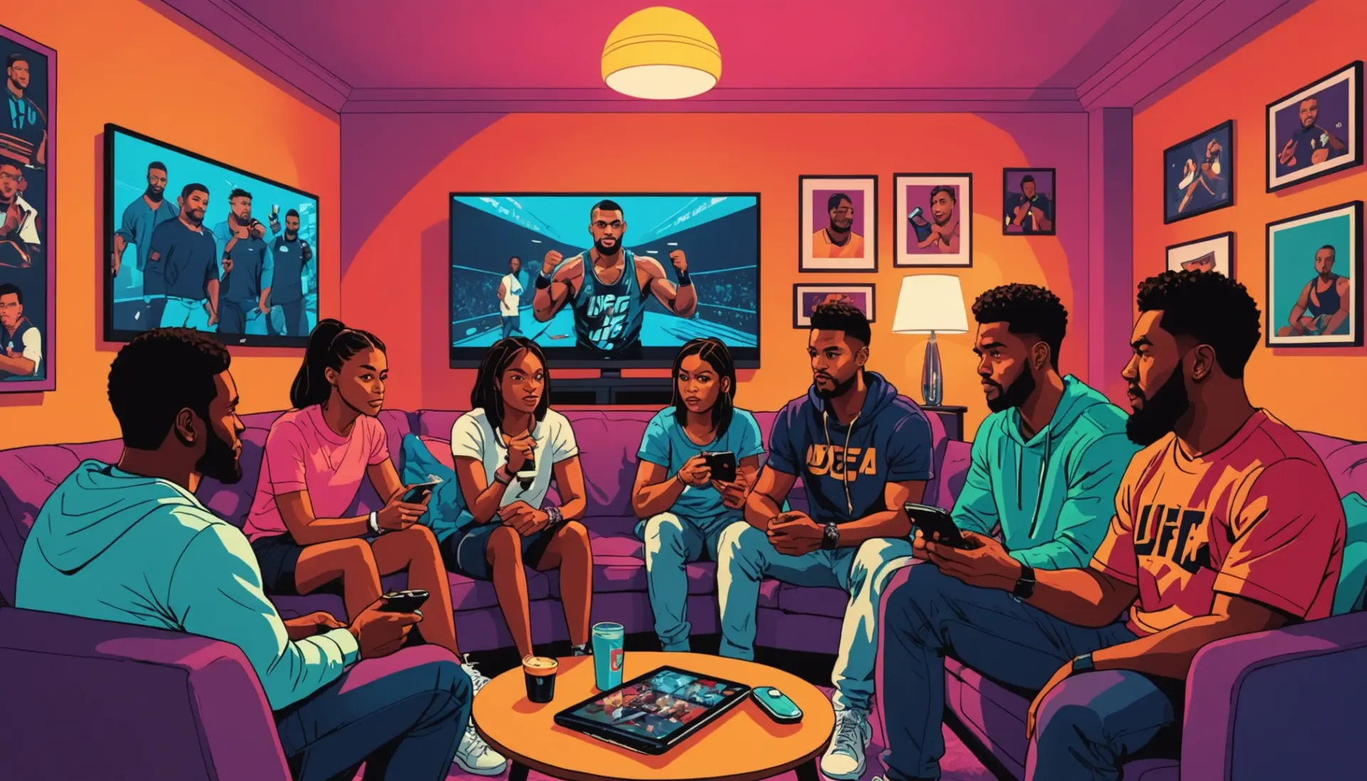 Editorial illustration showing fans debating what does ic mean in ufc at a live viewing party