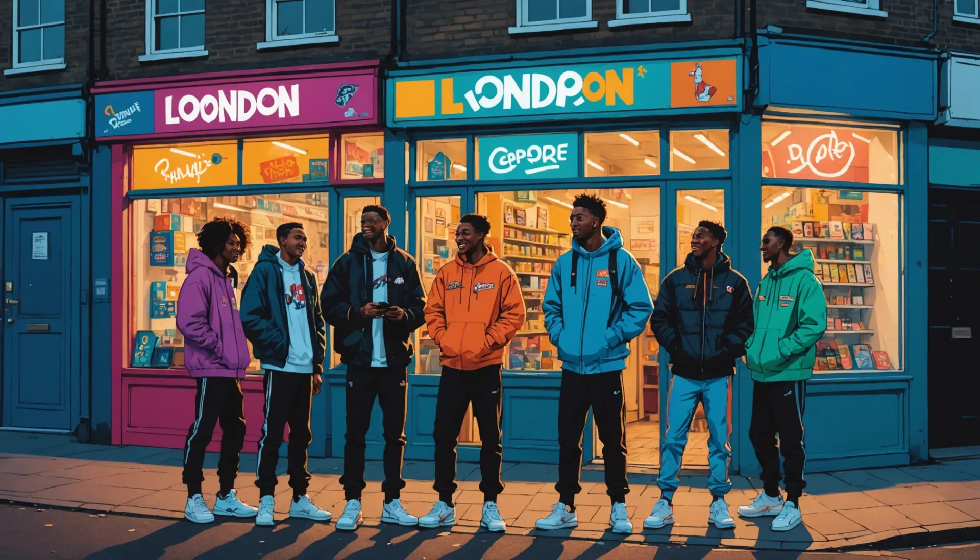 Group on a London street with friends, alt text includes what does blud mean in slang