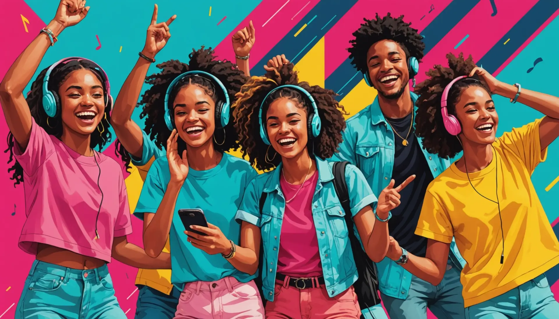 Editorial illustration showing people reacting to a catchy song, in slang with expressions and musical notes
