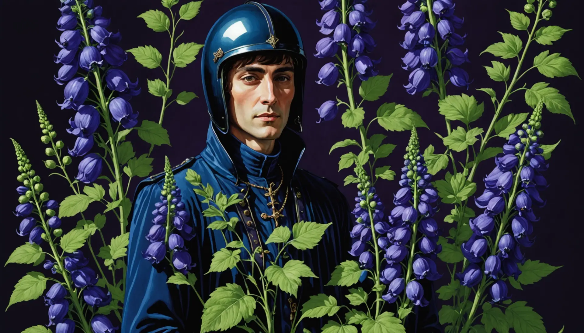 Editorial illustration of a monkshood plant with moody gothic styling, showing the phrase what does monkshood mean in concept