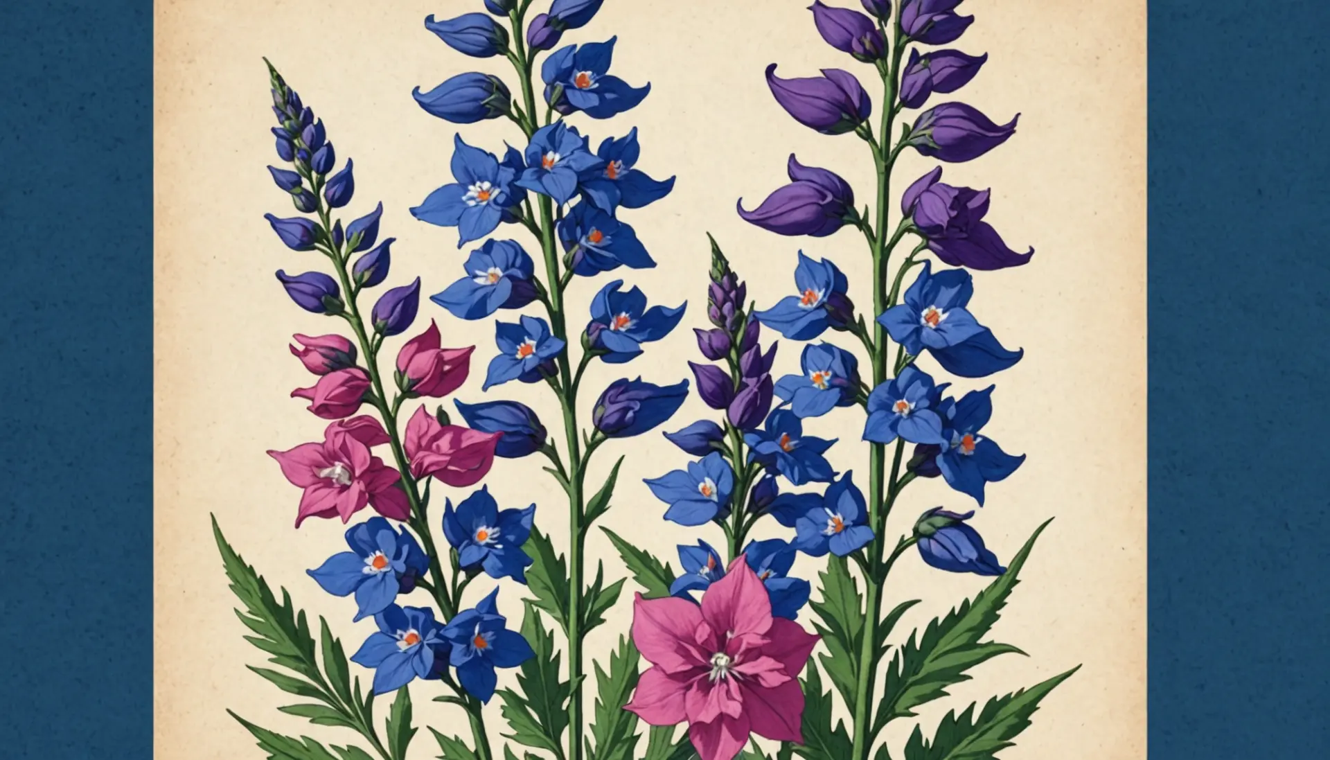 Illustration of larkspur flowers with the phrase what does larkspur mean conceptually represented
