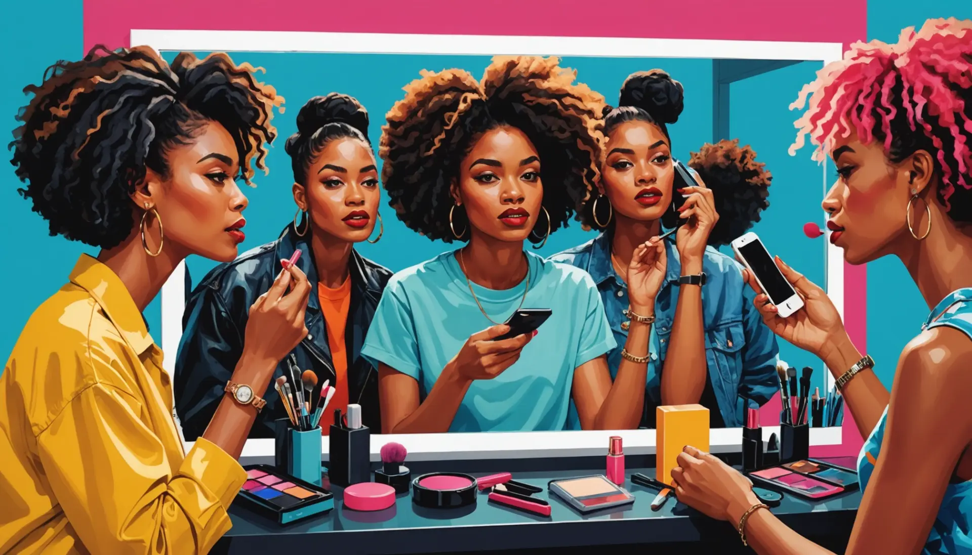Illustration of a person primping in a mirror, showing what does primp mean