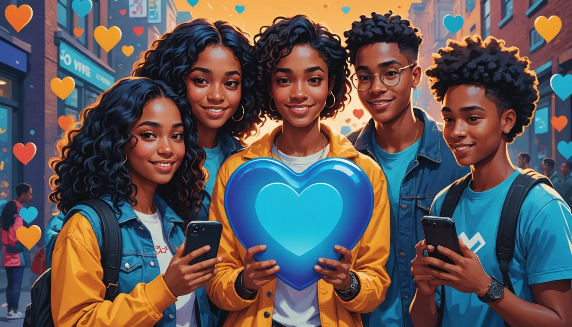 Graphic of friends and a blue heart showing what does the blue heart mean on snapchat