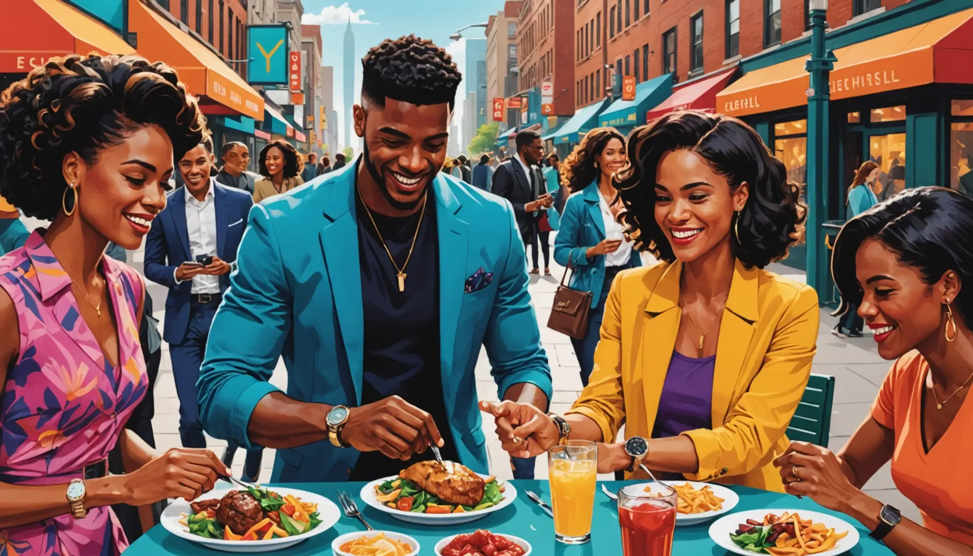 Editorial illustration of people flexing in different social settings with the phrase what does flex mean in slang represented visually